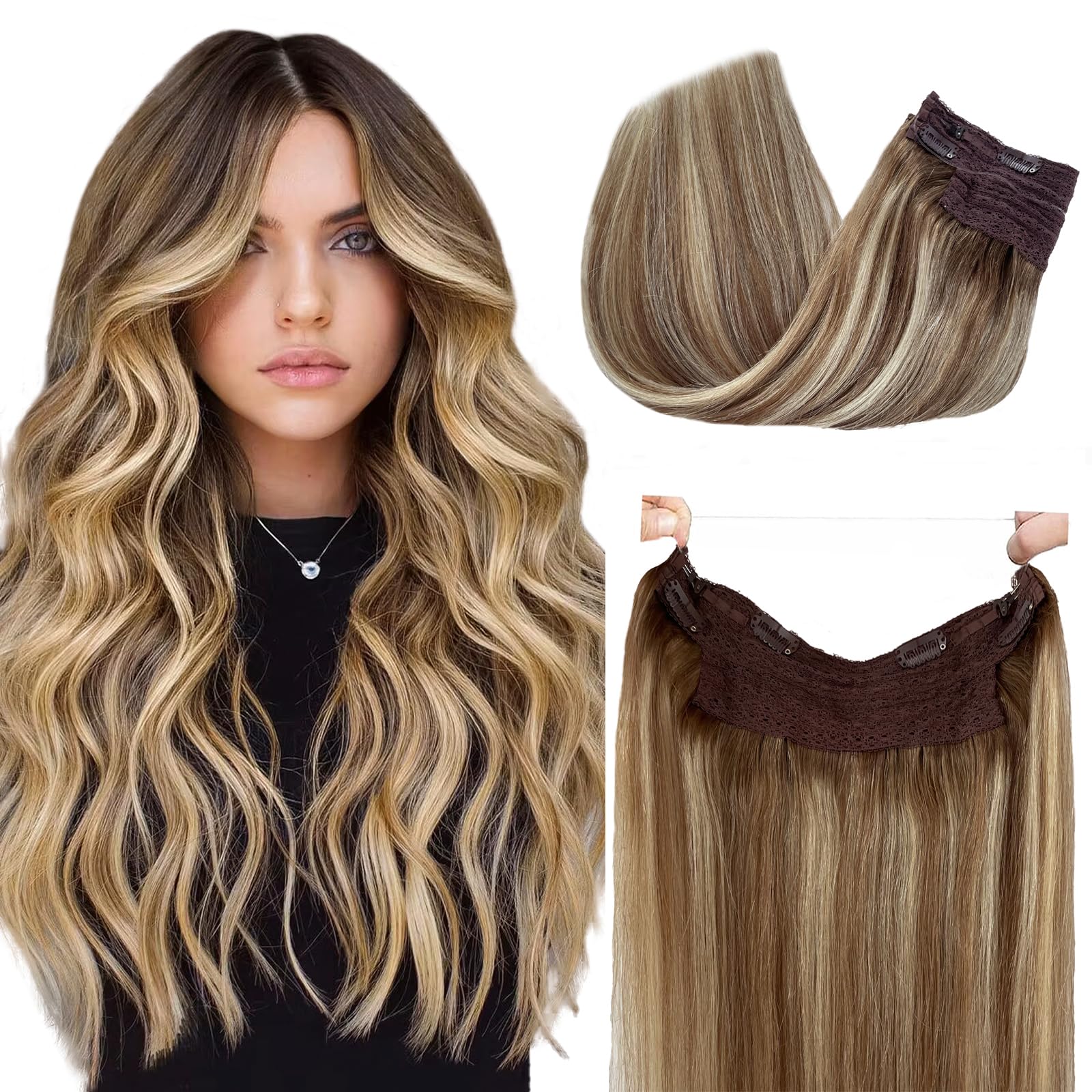 Ombre Halos Human Hair Extensions with Clip ins One Piece Hair Extensions with Secret Wire Dark Brown Balayage Light Brown with 