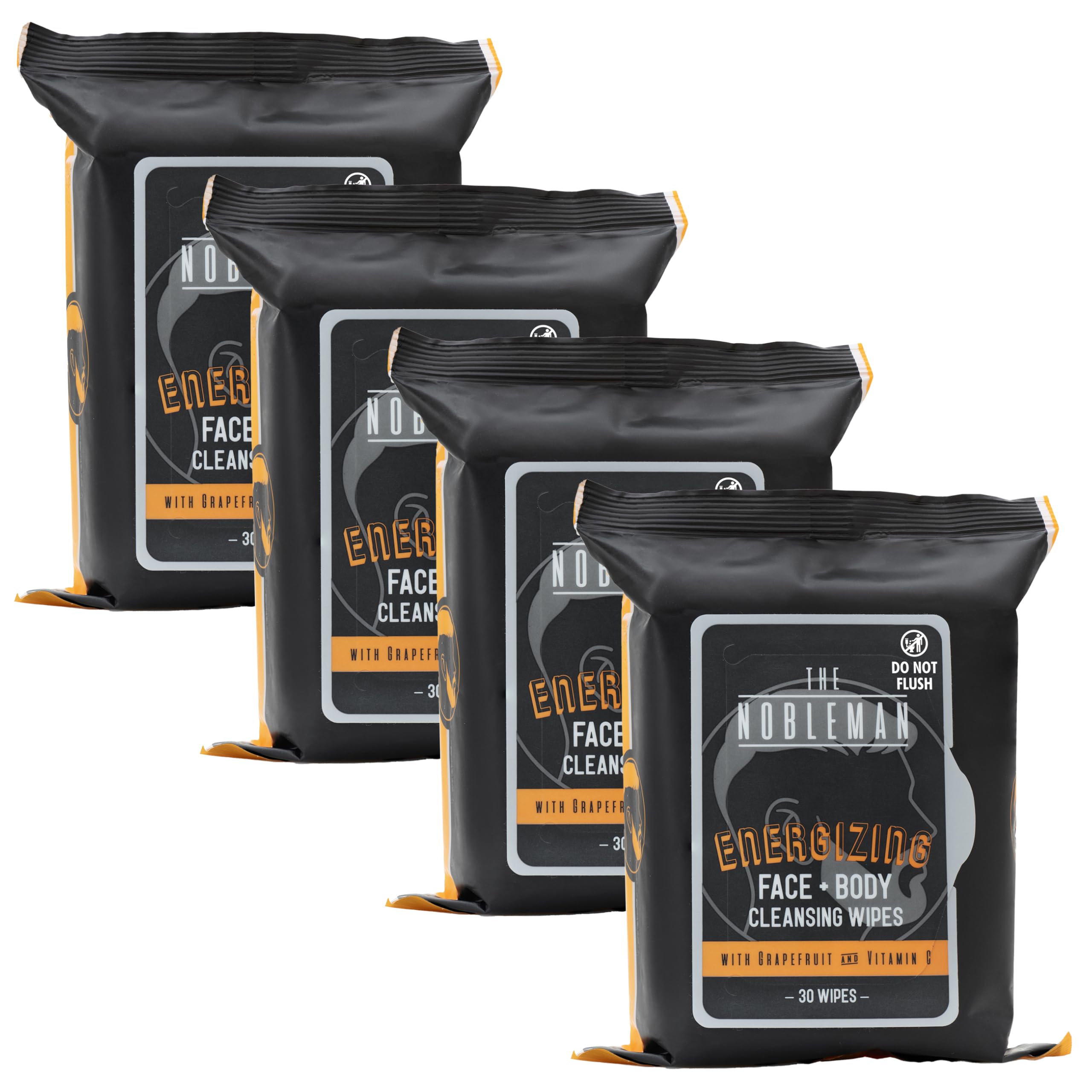 The Nobleman 4-Pack Face + Body Aloe Infused Cleansing Wipes: 4 Energizing Packs with Grapefruit Chamomile and Vitamin C (120 Ct