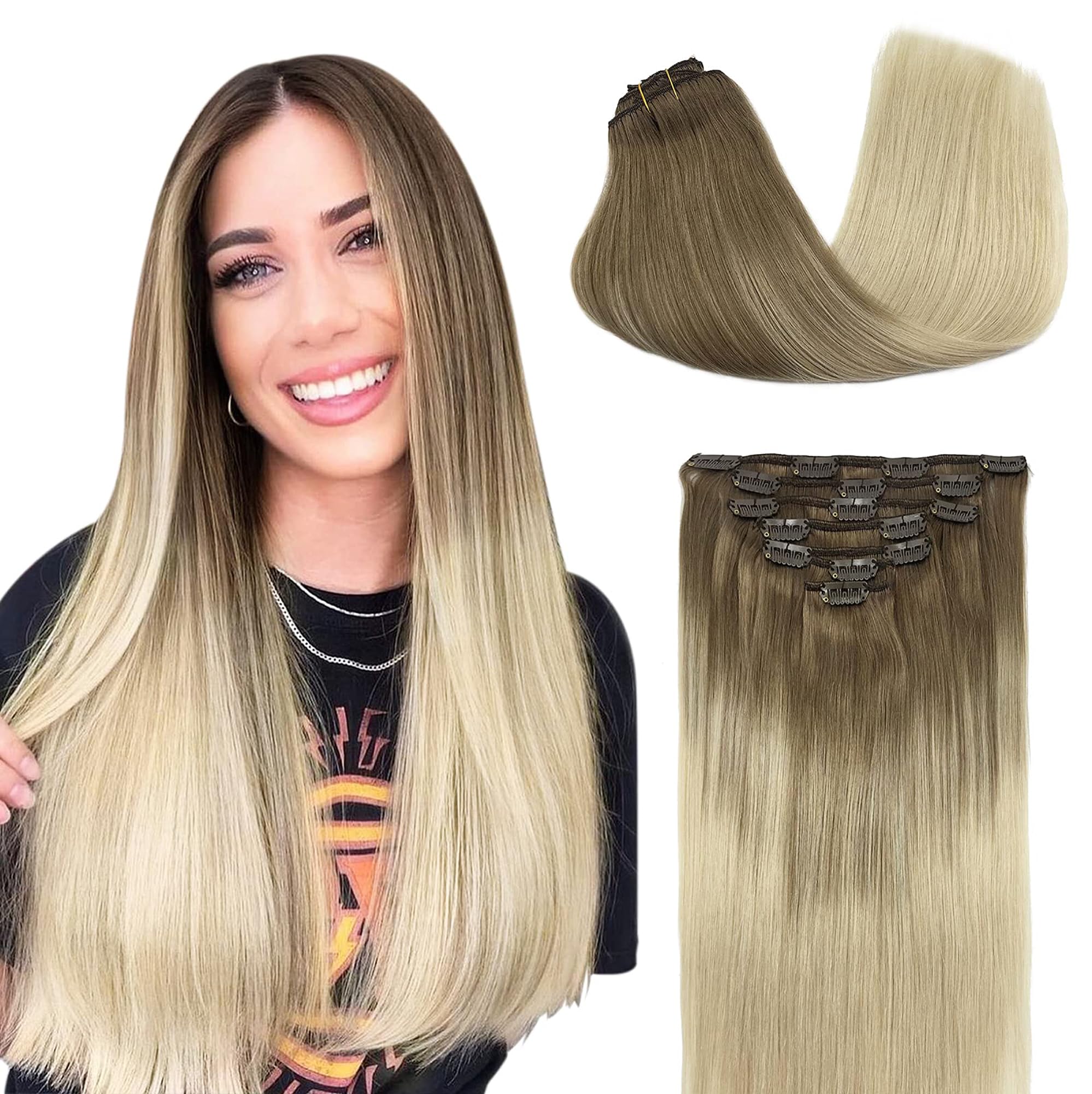 Goo Goo Clip In Hair Extensions Real Human Hair, Remy Human Hair Extensions Clip Ins For Women, Natural Human Hair, 14Inch 120G