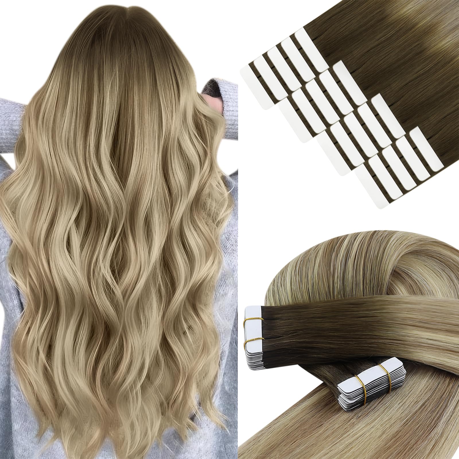 YoungSee Tape in Hair Extensions Real Human Hair Balayage 12In 30g Tape in Extension Balayage Brown with Blonde Tape ins Human H