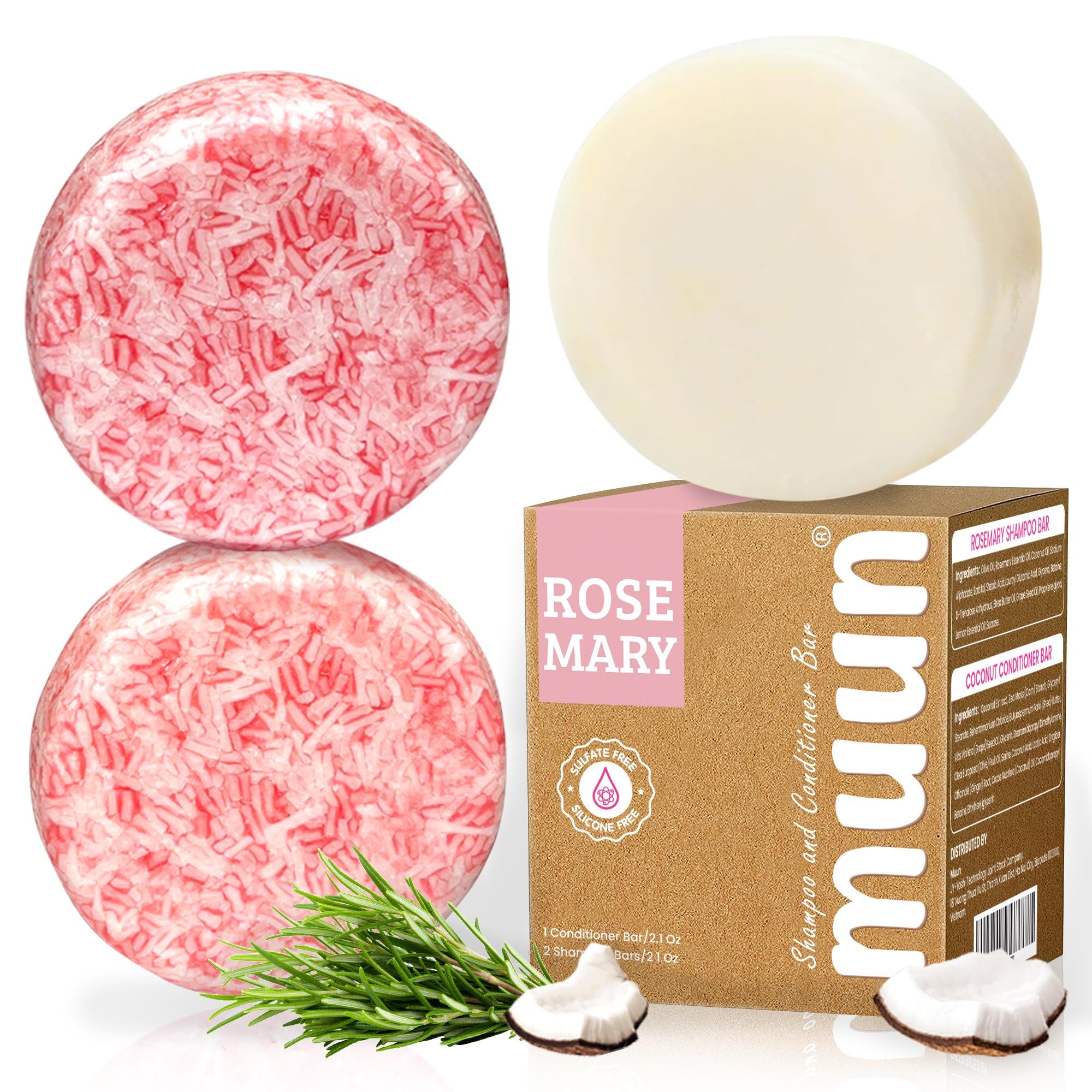 Muun Rosemary Shampoo and Conditioner Bar Set 3 - Natural Solid Hair Growth Soap Bars for Women with Straight, Curly or Thinning