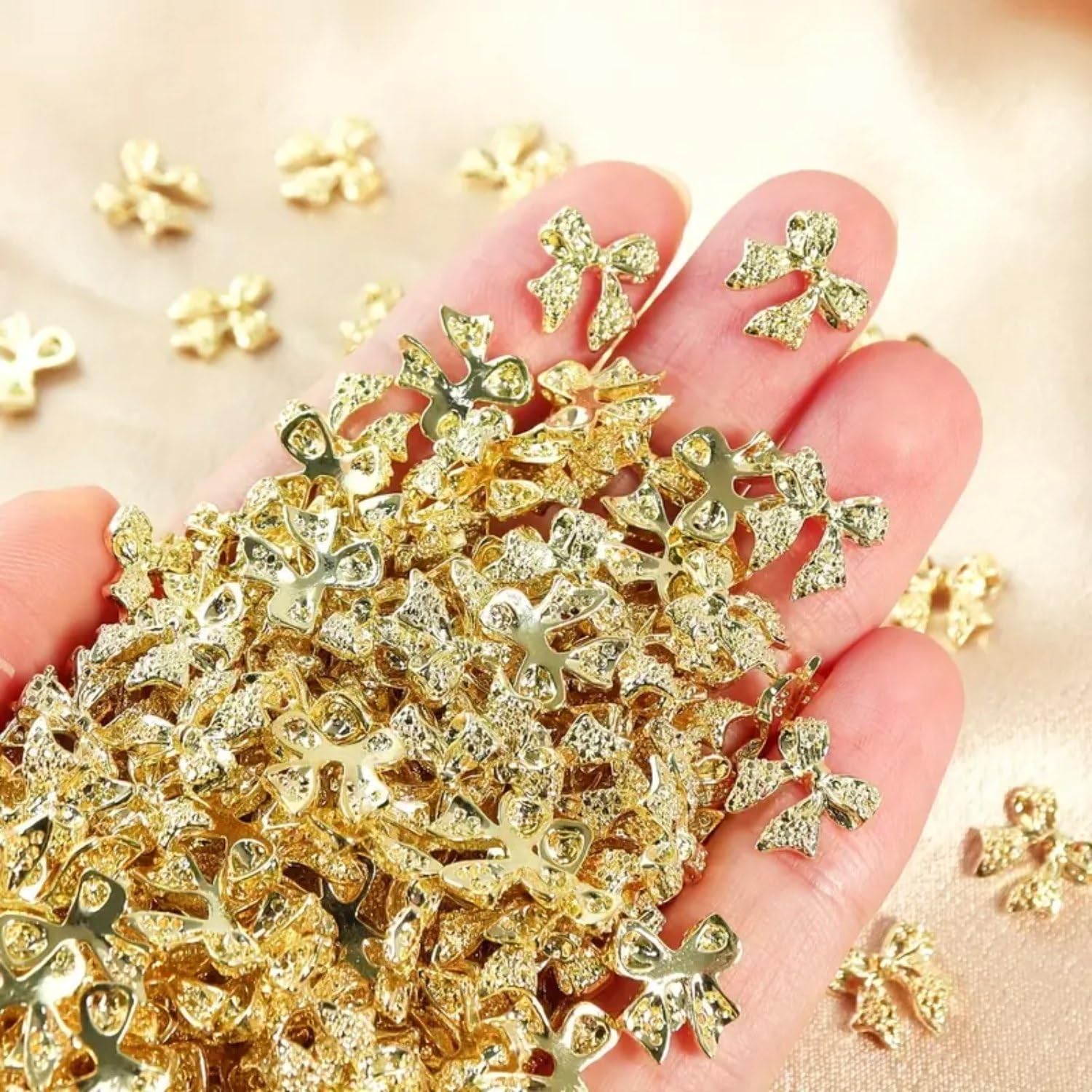10 Pcs Bow Nail Art Charms 3D Alloy Gold Bow Nail Charms Shiny Nail Art Jewelry Luxury Rhinestones Gold Bow Nail Gems Valentine'
