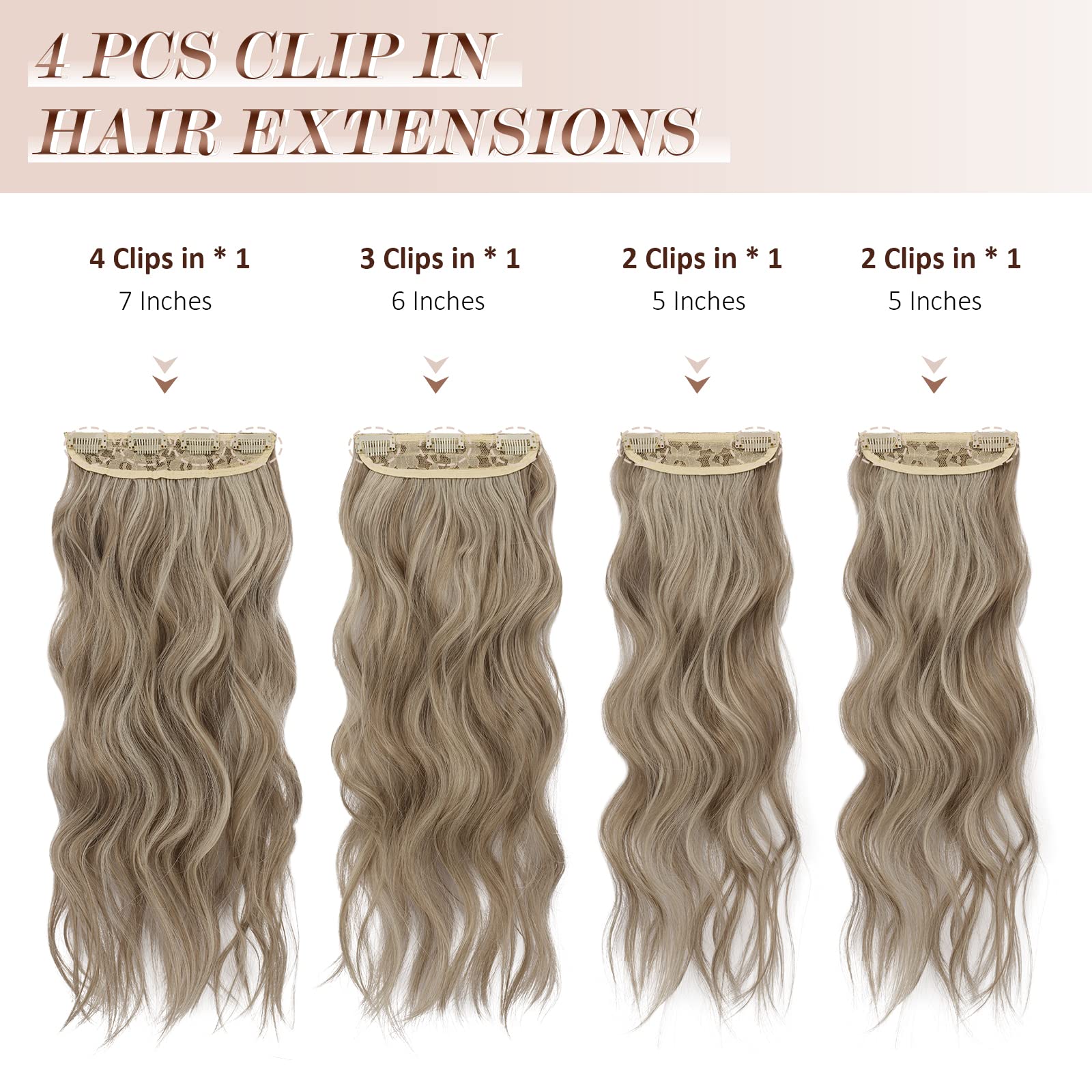 FESHFEN Clip in Hair Extensions - 4 PCS Long Wavy Thick Highlighted Clip in Hairpieces Full Head Synthetic Hair Extension for Wo