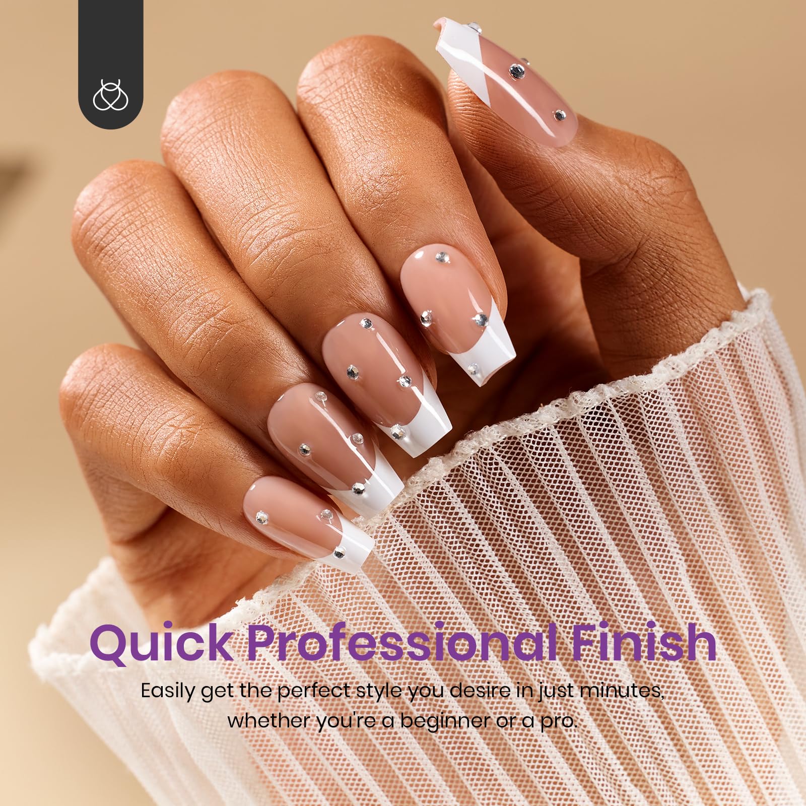 Beetles French Tip Press On Nails, 15 Sizes 210 Pcs Brown Short Coffin Press On Nails 4 In 1 Gel Nail Tips Pre-Applied Primer Ba