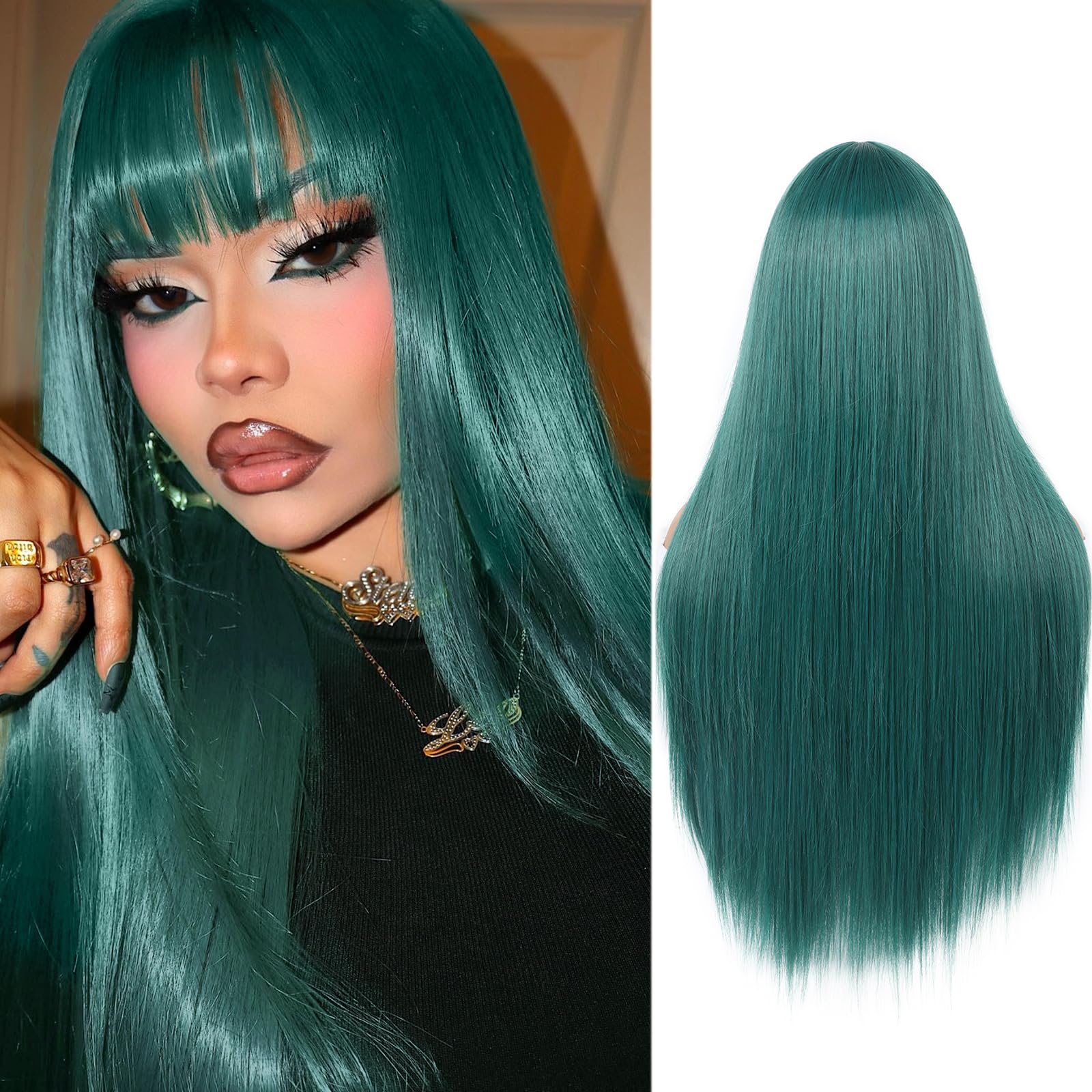 WIGER Long Green Wigs with Bangs Straight Dark Green Hair Wig for Women Long Bangs wig Full Green Cosplay Wig for Girls Syntheti