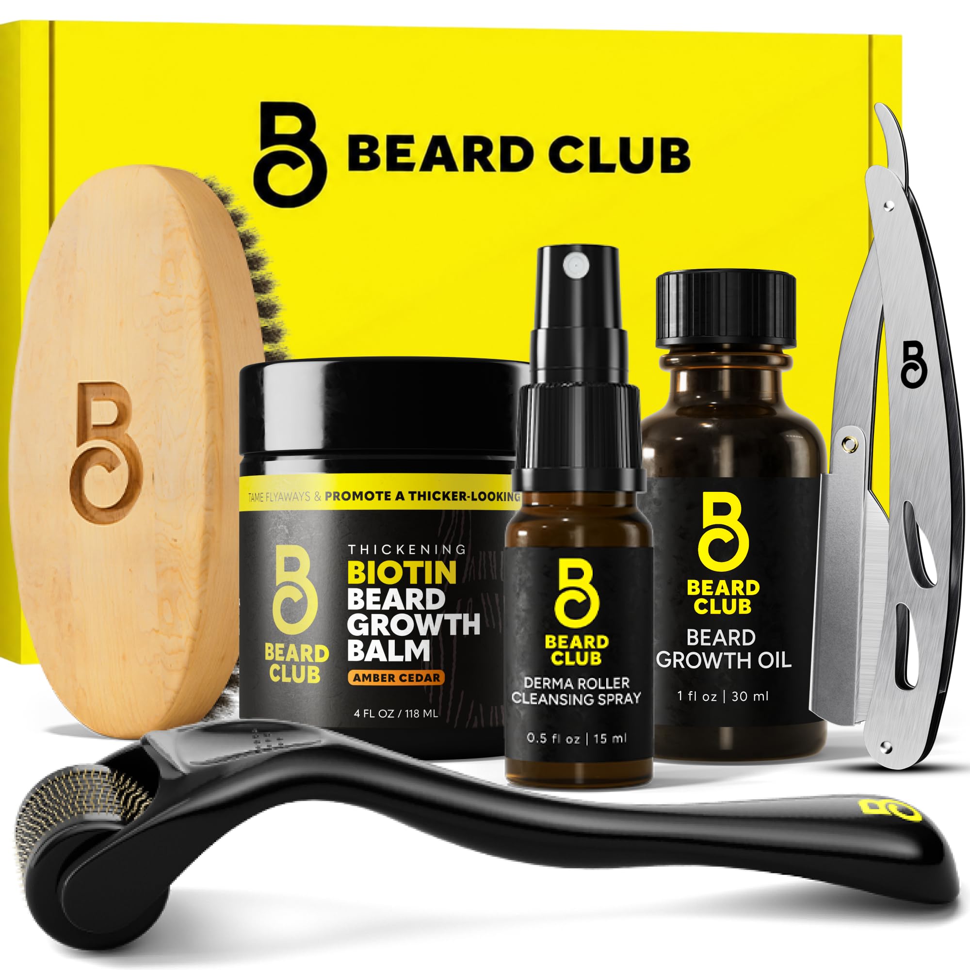 The Beard Club Beard Growth Kit for Men  Grooming Set with Growth Oil, Biotin Balm, Derma Roller, Boar Bristle Brush, Cleansing