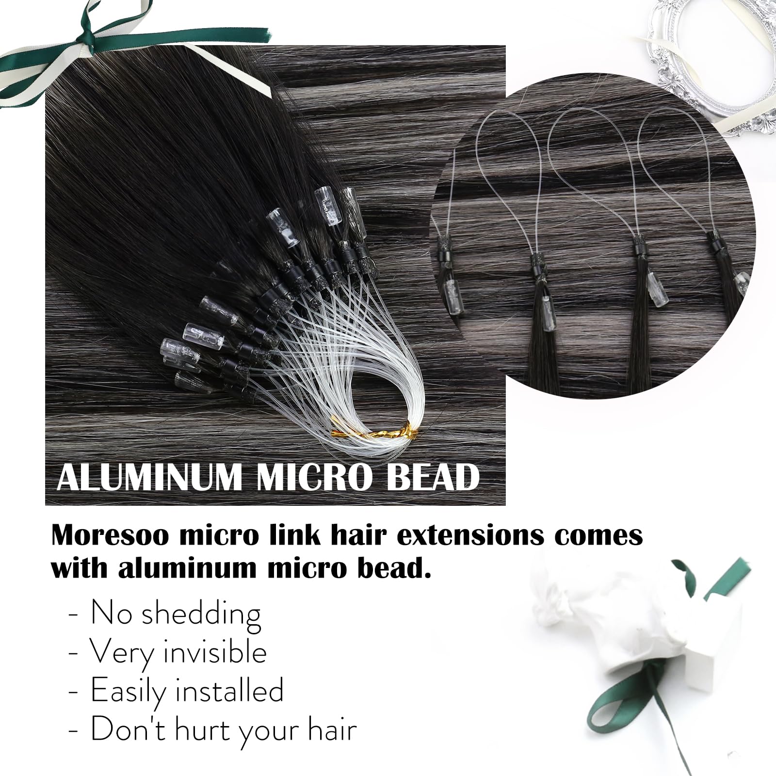 Moresoo Balayage Hair Extensions Micro Loop Human Hair Extensions Off Black Ombre Silver Micro Ring Hair Extensions Human Hair O