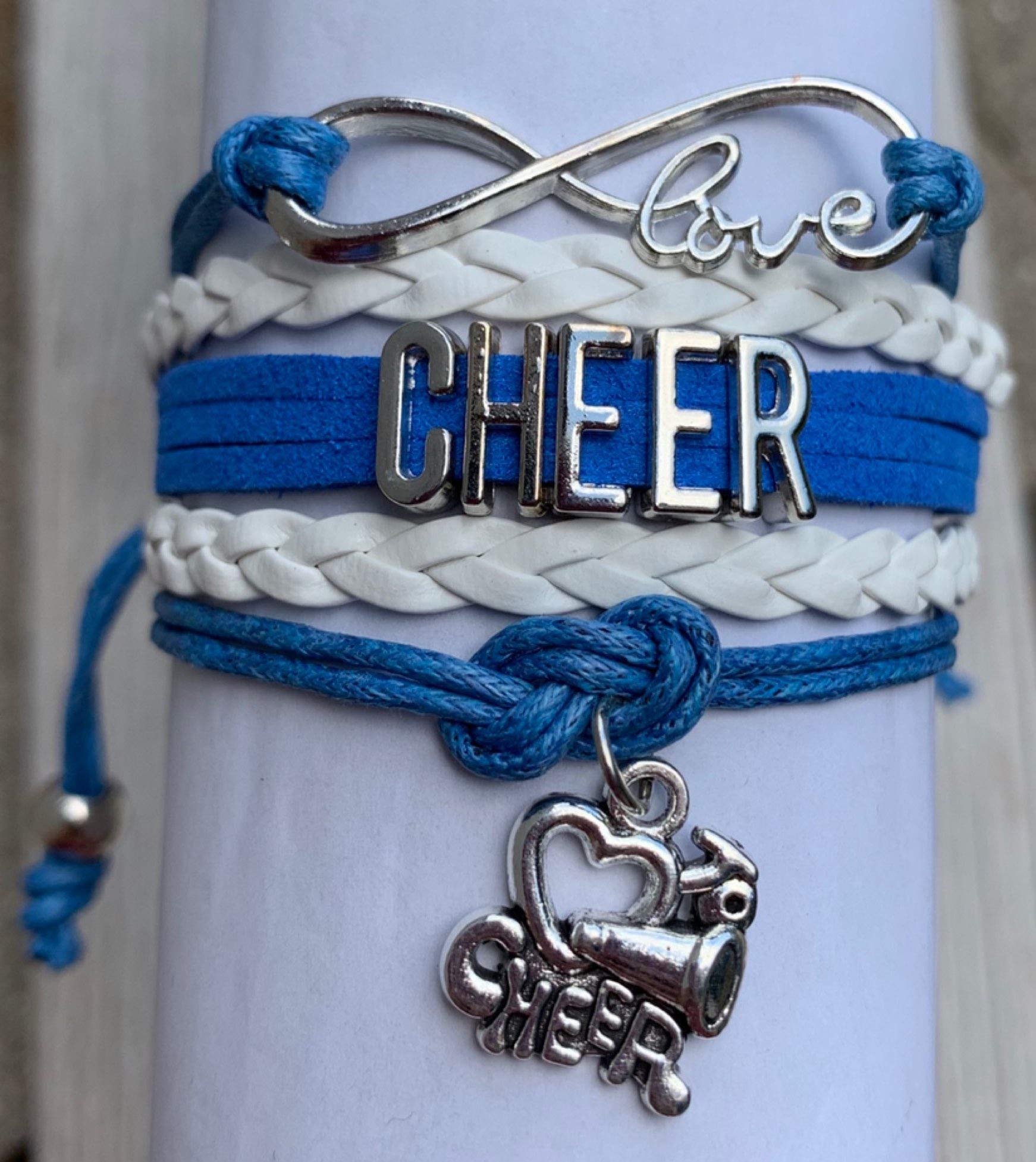 Cheer Bracelet- Cheerleading Charm Infinity Bracelet- Cheer Jewelry - Gift For Cheerleader, Cheer Team or Team (Blue/White)