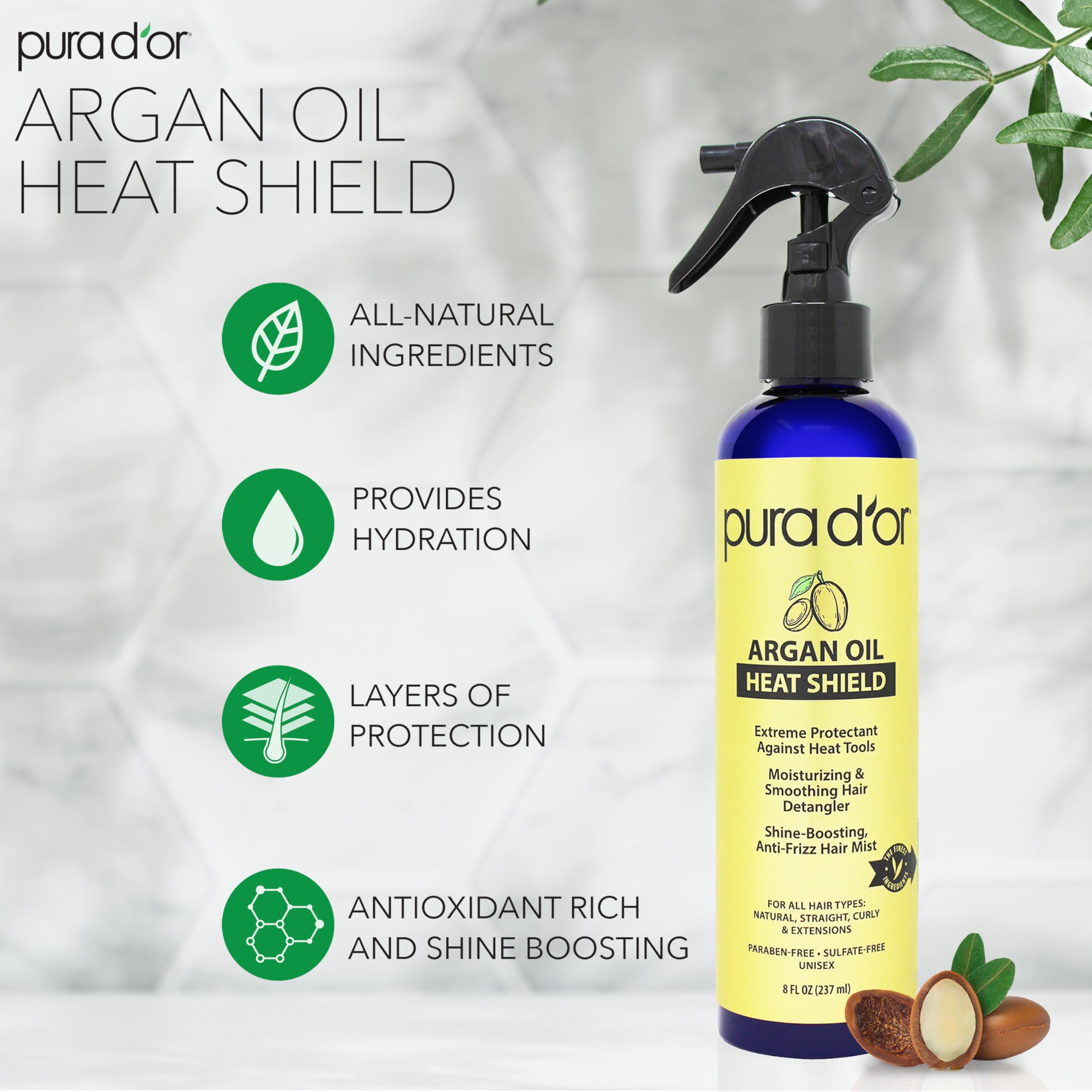 PURA D'OR 8 Oz Argan Oil Heat Shield Protectant Spray with Select Organic Ingredients, Protects Up To 450 F From Flat Iron & Hot