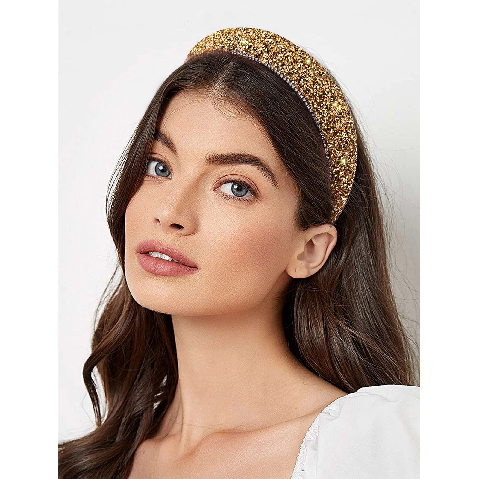 Wecoe Yellow Gold Headband Diamond Headband Glitter Headband For Women Rhinestone Padded Headband Bling Sparkle Headbands Fashio