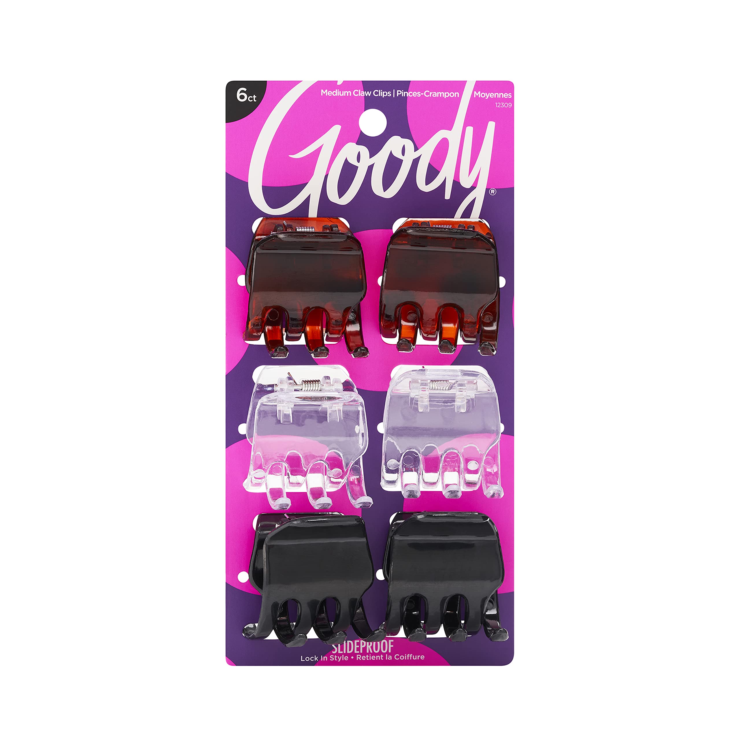 Goody Classic Claw Hair Clips - 6-Count, Clear, Brown and Black - 1/2 Claw Will Gently Keep Hair Secured In Place with a Long La
