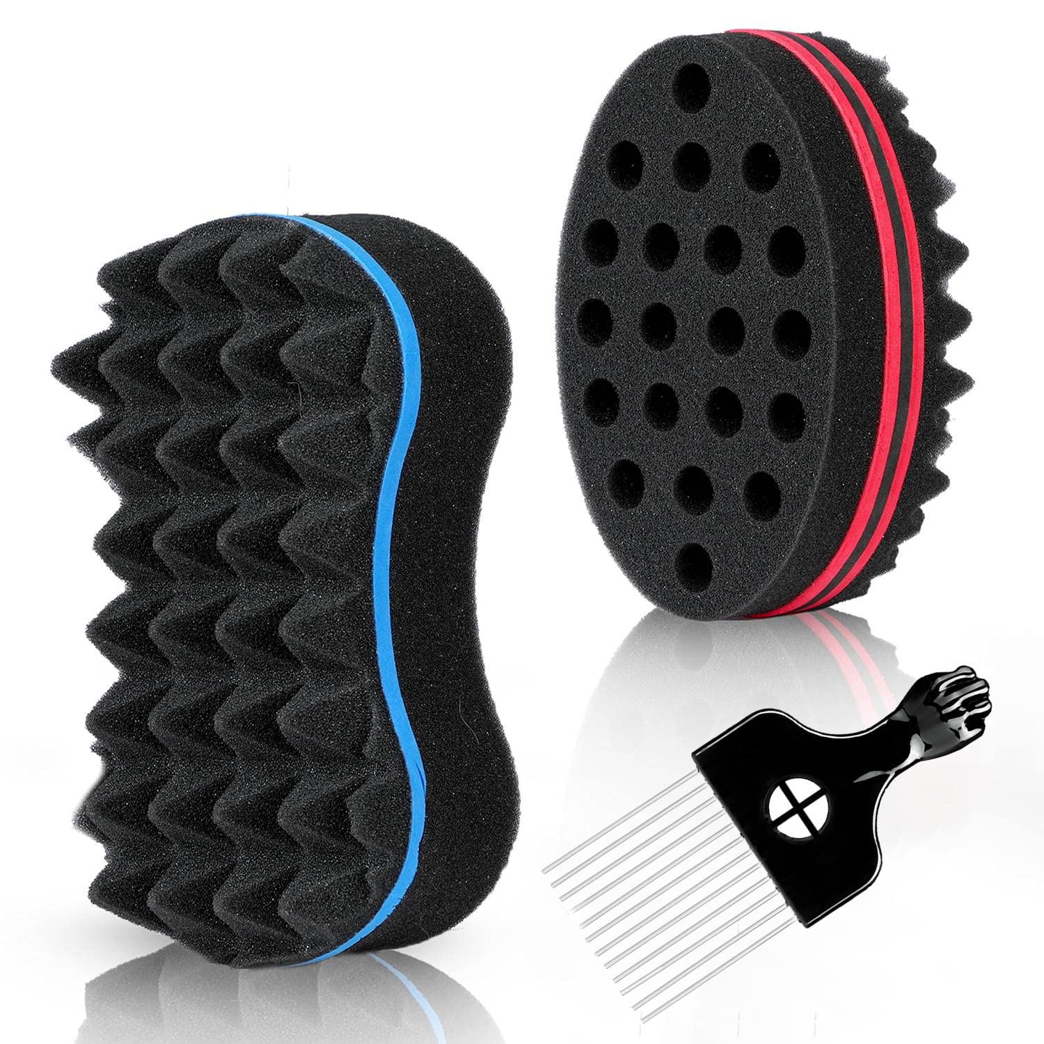 Supaze 3Pcs Hair Sponge Set for Afro Curls, Black, One Size, Includes Metal Afro Pick