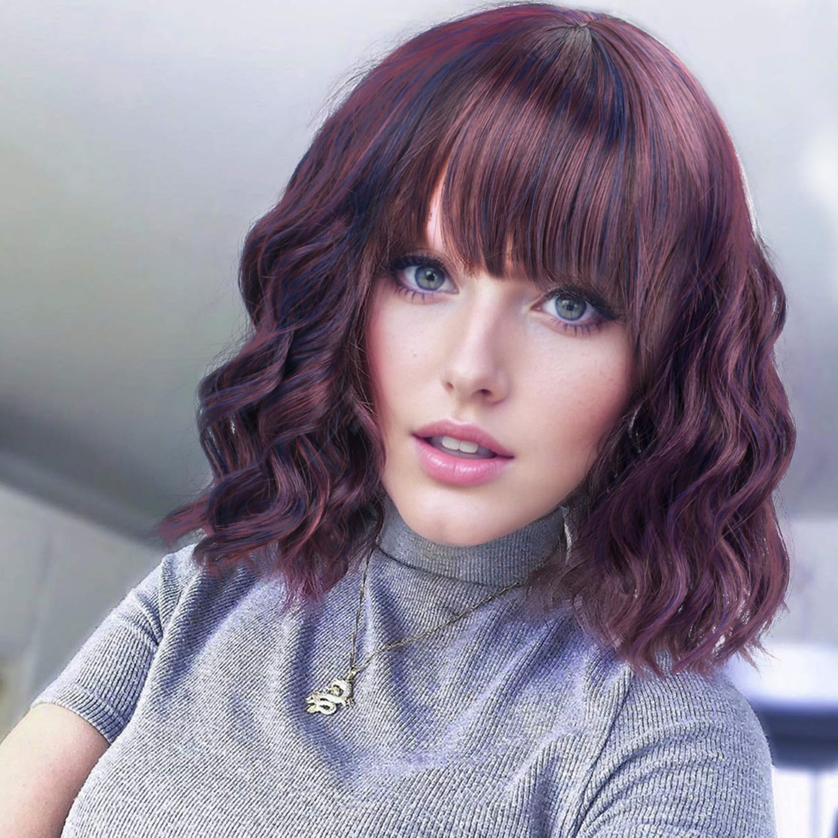 Vckovcko 12Inches Loose Wave Bob Wig Wavy Burgandy Wig With Air Bang Curly Hair Wigs Synthetic Cosplay Party Wigs For Women (12I