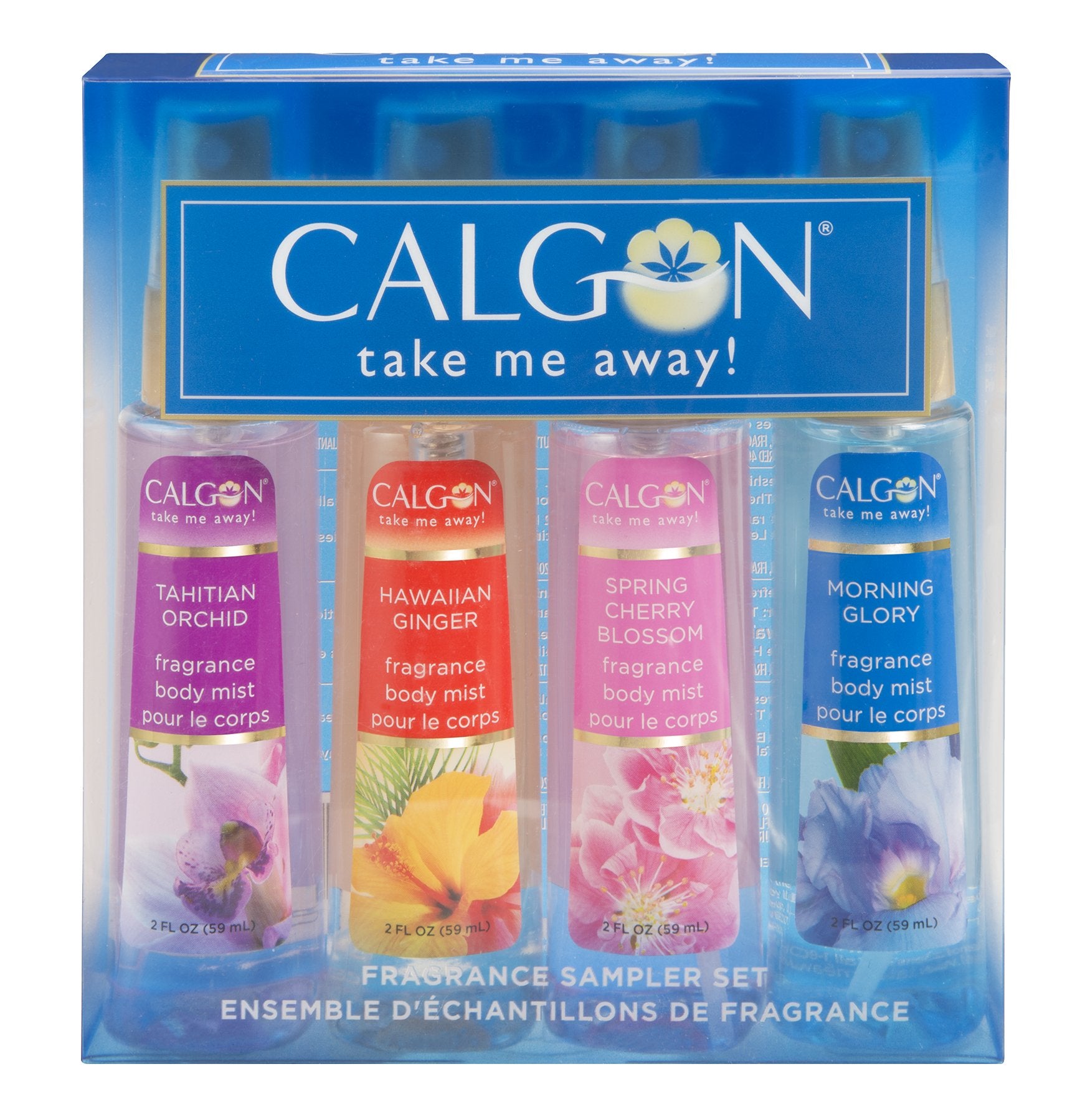 Calgon Take Me Away 4 Pc Gift Set (Refreshing Body Mist 2.0 Oz Of Spring Cherry Blossom Hawaiian Ginger Morning Glory Tahitian O