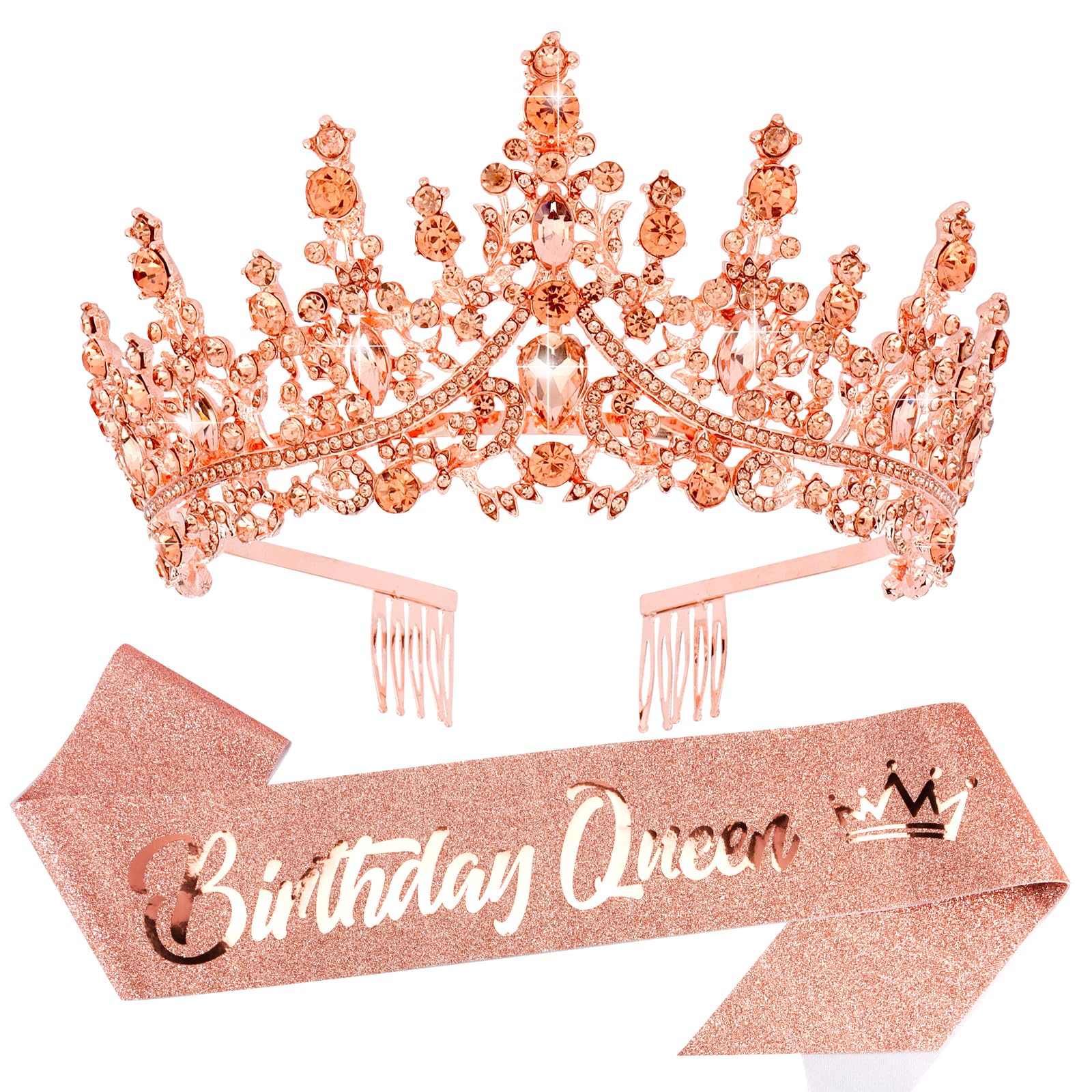 Velscrun Rose Gold Crystal Birthday Queen Tiara Crown for Women Girls Birthday Queen Headband Sash Elegant Princess Crown with C