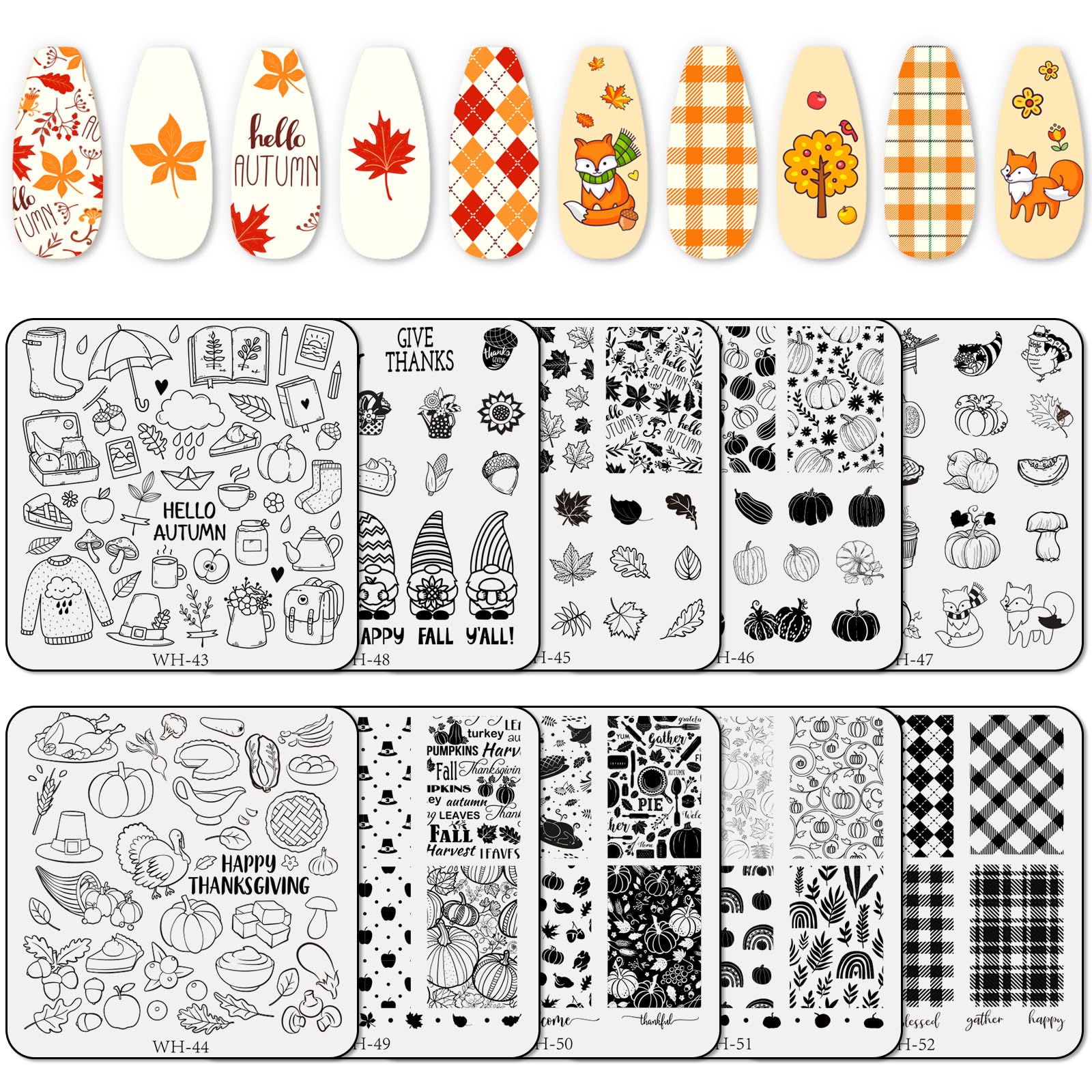 Whaline 10 Sheet Fall Nail Art Stamping Plates Kit Happy Thanksgiving Pumpkins Maple Leaf Gnome Plaid Autumn Blessings Collectio