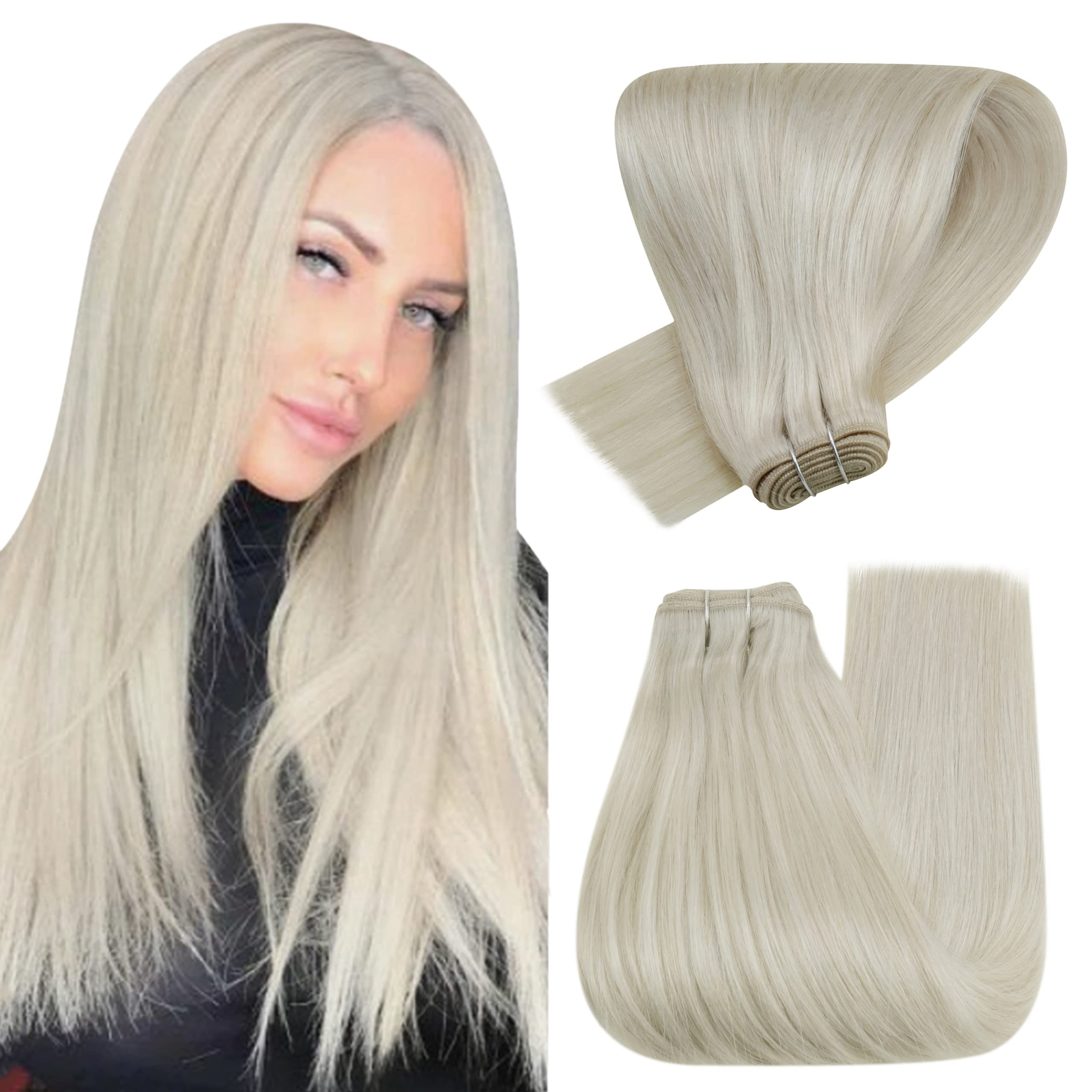 Hetto Blonde Hair Weft Extensions Human Hair Sew in Blonde Weft Hair Extensions Human Hair 12 Inch 70g #60 Platinum Blonde Human