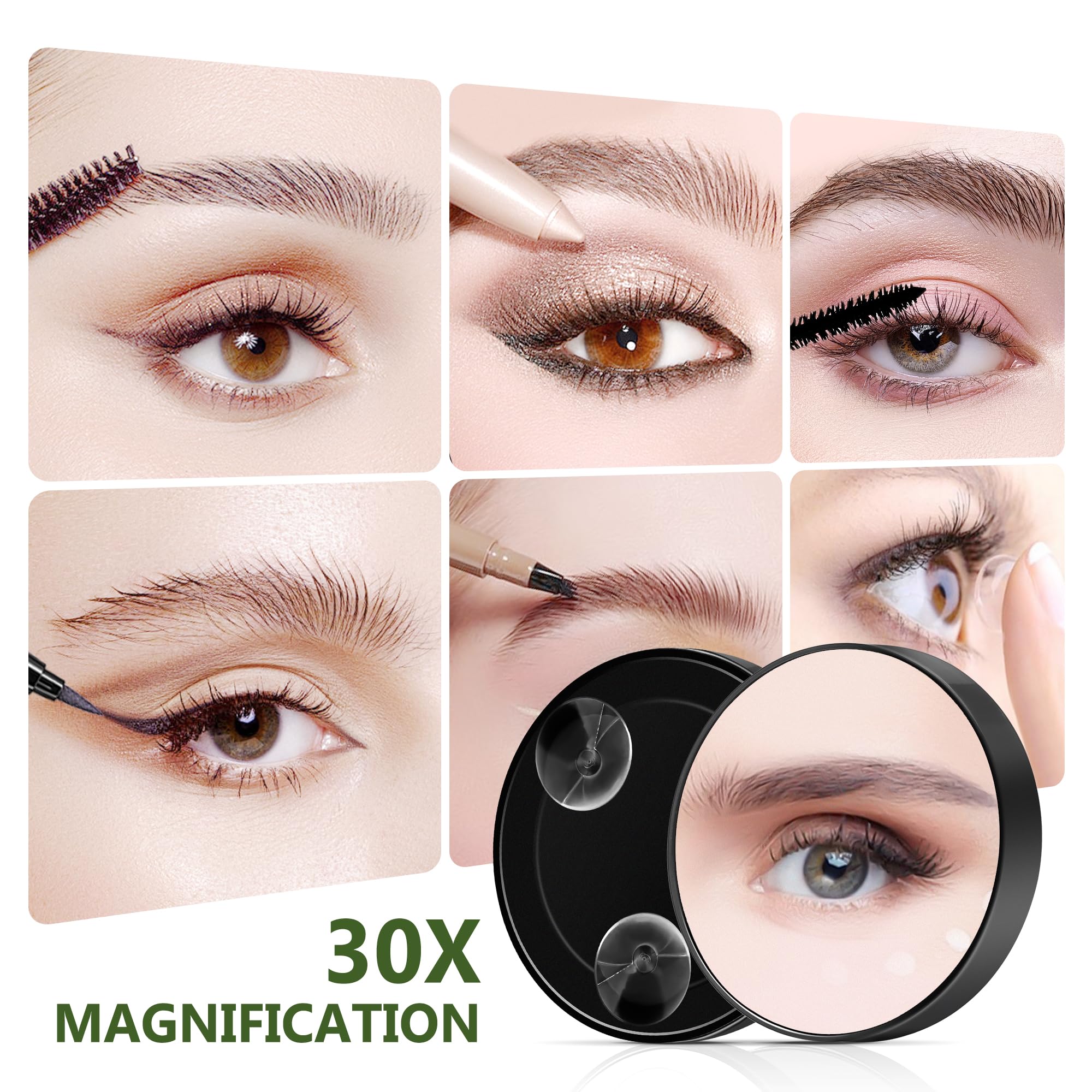 MIYADIVA 30X Magnifying Mirror - Black Travel Makeup Mirror with Suction Cup and Tweezers, Compact for Facial Hair Removal
