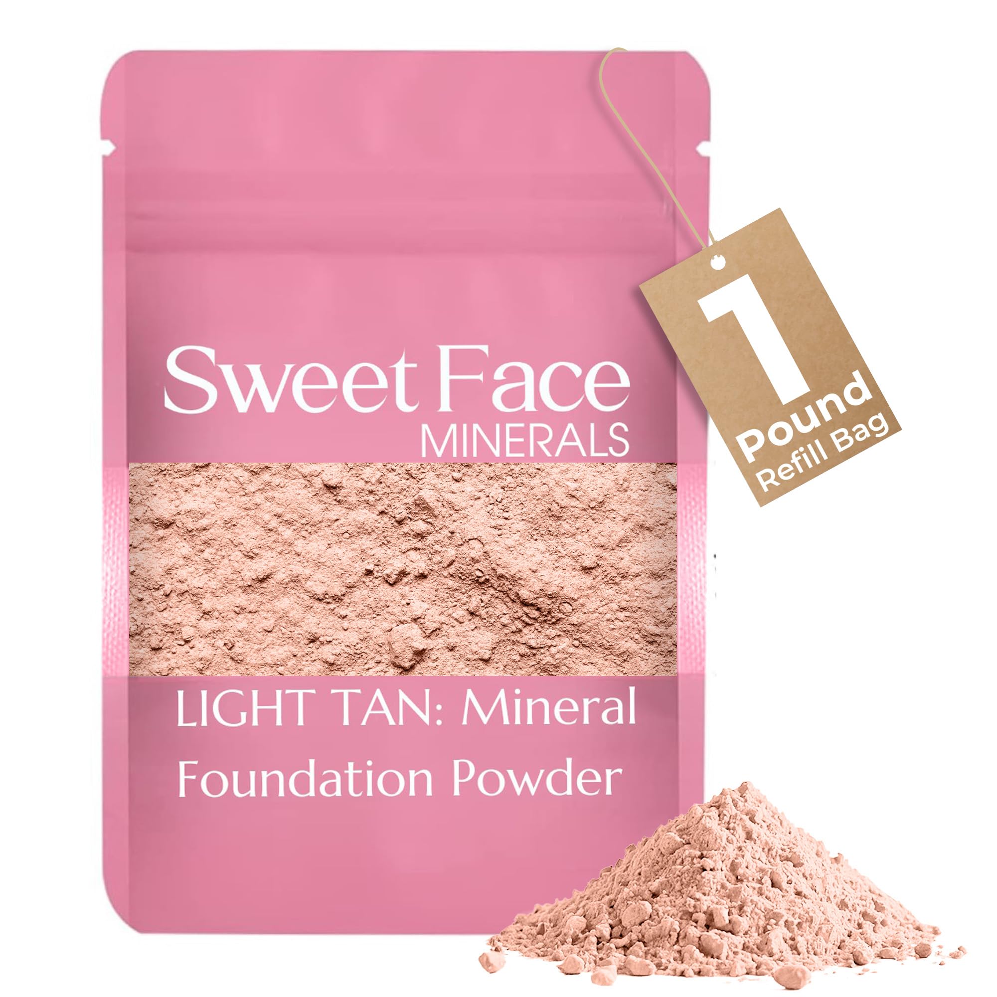 (1 Pound) (Light Tan) Foundation Powder Refill By Sweet Face Minerals, Lightweight Mineral Loose Makeup Powder with SPF 20, Full
