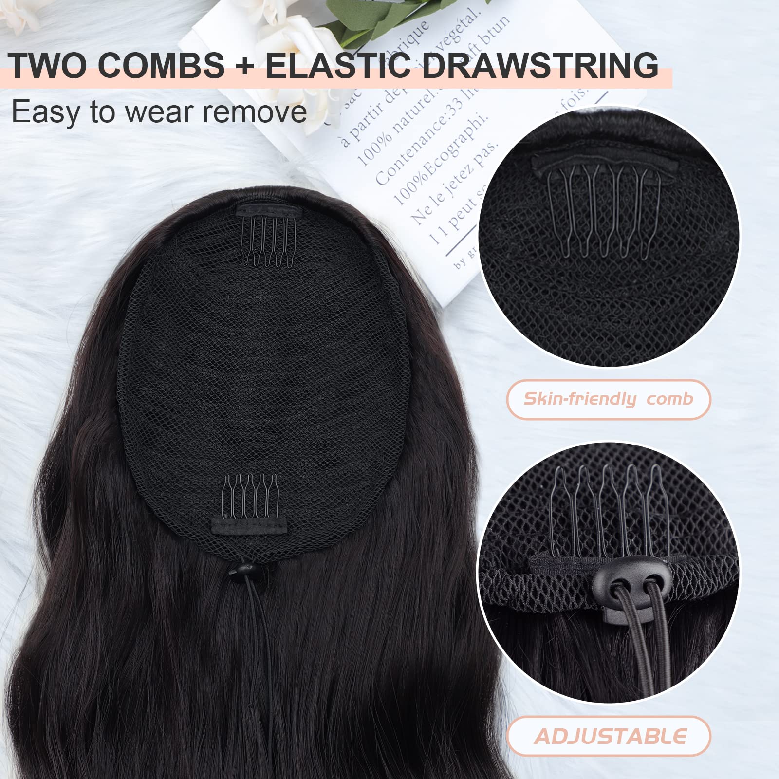 Freemeige Drawstring Ponytail Extension Long Body Wavy Black Ponytail Extension For Women Synthetic Hair Ponytail Extension Clip