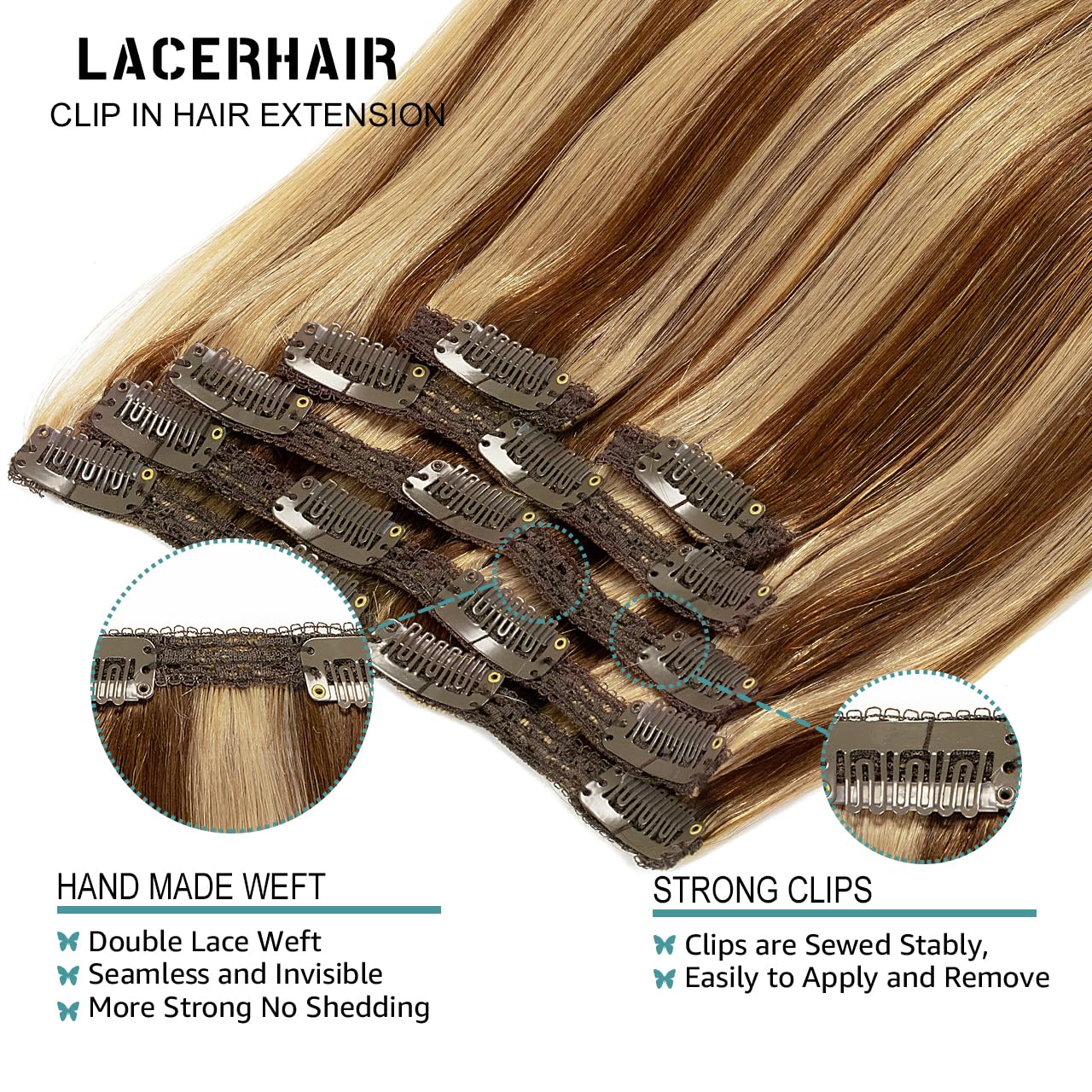 Lacer 14 Inch Natural Human Hair Clip In Extensions Color P#4/12 Chocolate Brown Lowlight Light Golden Brown Mixed With Soft Sil