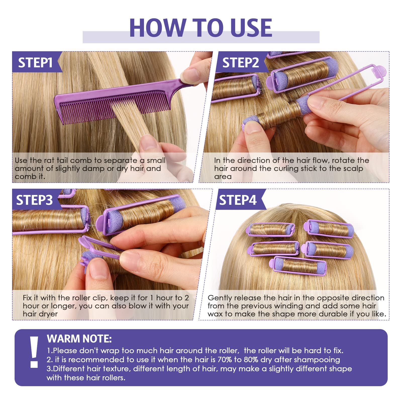 43-Piece Foam Sponge Hair Rollers Set With 42 Soft Flexible Curlers, Stainless Steel Rat Tail Comb, And Pintail Comb (Purple)