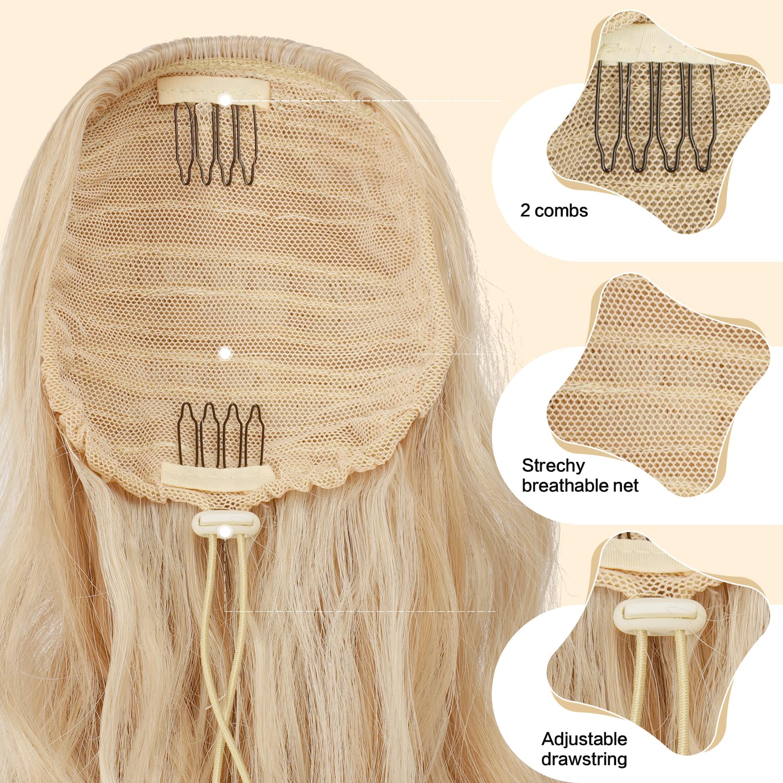 FESHFEN Ponytail Extensions, Drawstring Ponytails Hair Extension Honey Blonde Mix Platinum Blonde Long Curly Wavy Hair Piece Syn