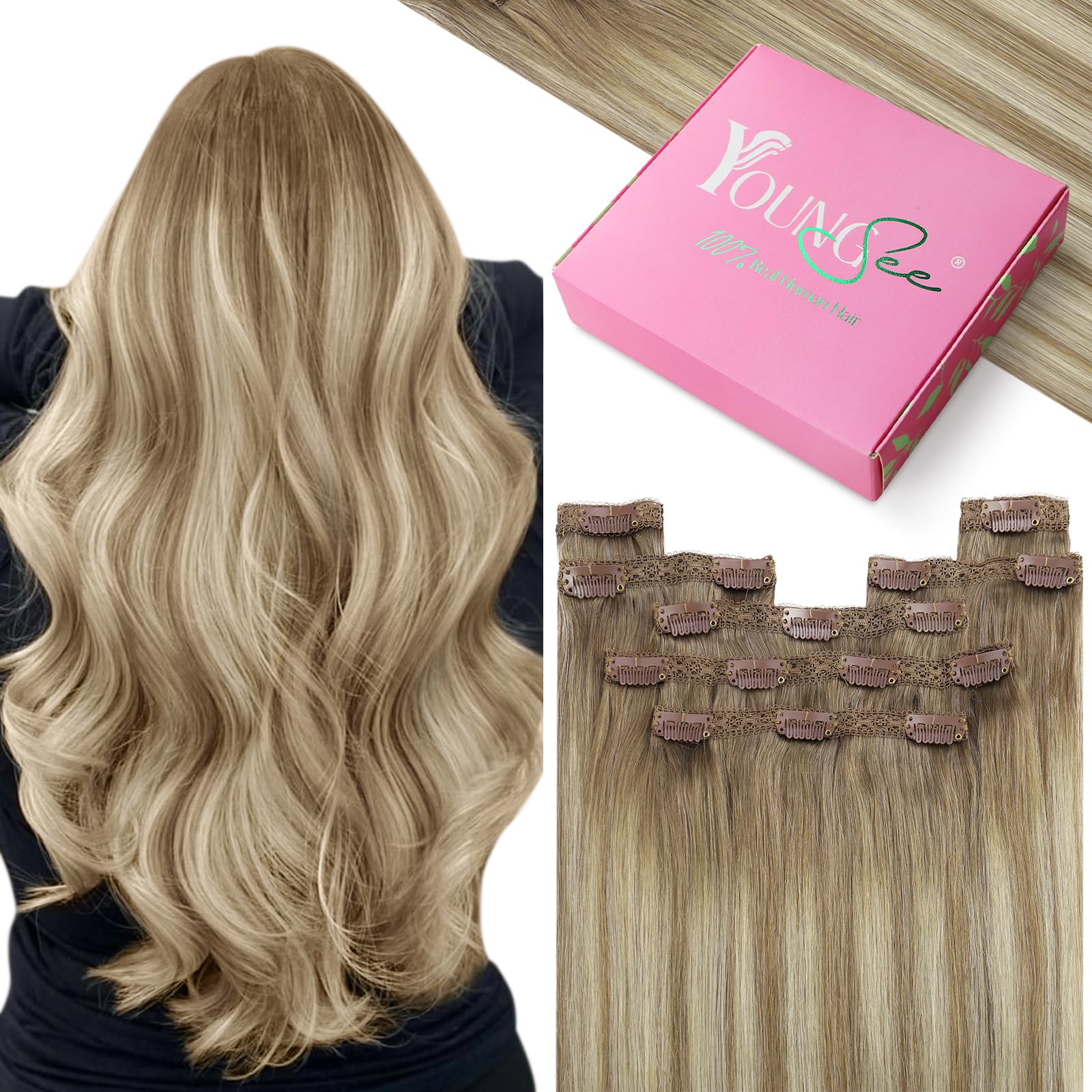 YoungSee 150G Clip in Human Hair Extensions Balayage Hair Extensions Clip ins Medium Brown Fading To Brown Mix Platinum Blonde B
