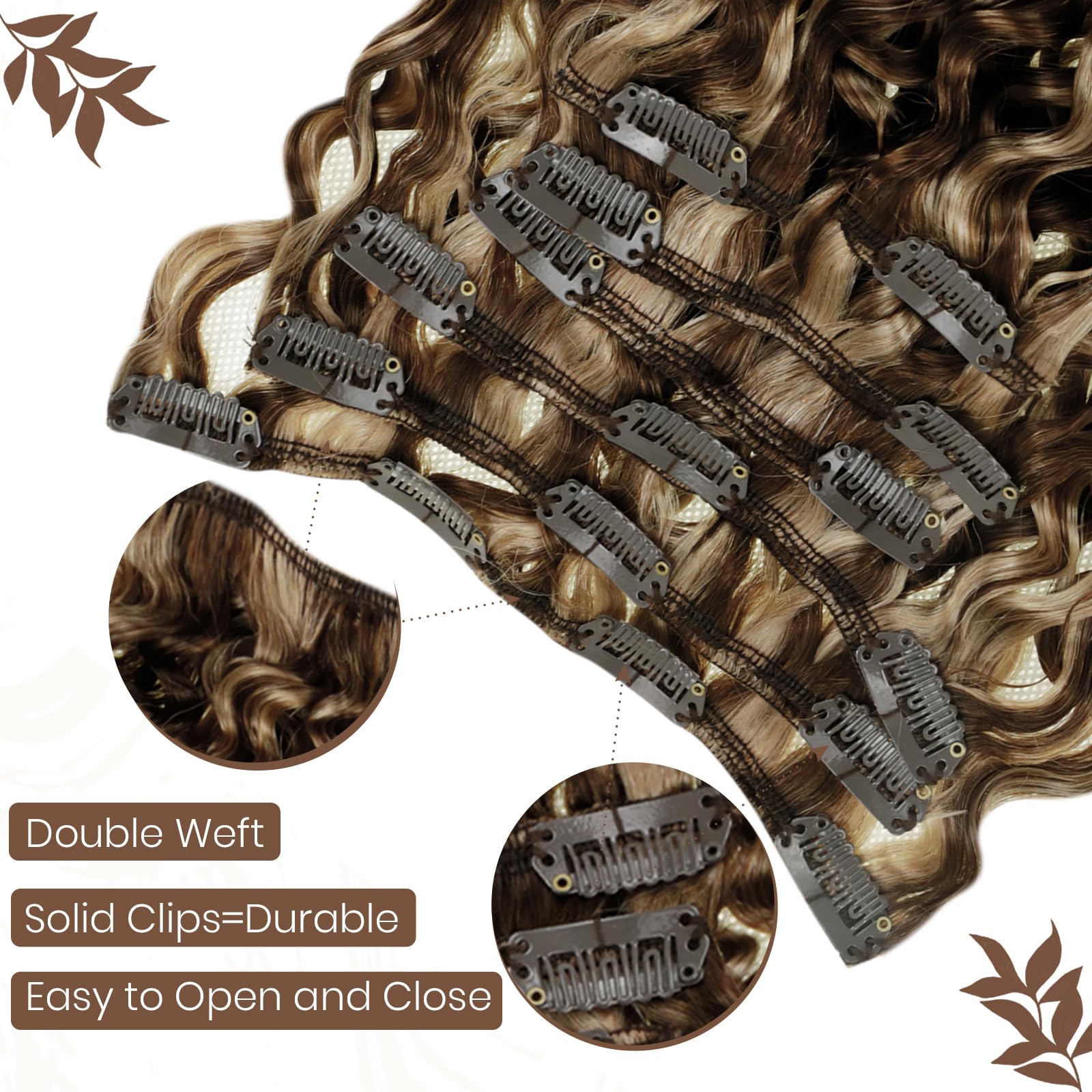 Hetto Curly Clip in Hair Extensions Human Hair Natural Wavy Clip in Human Hair Extensions #P4/27 Brown Highlight Blonde Curly Ha