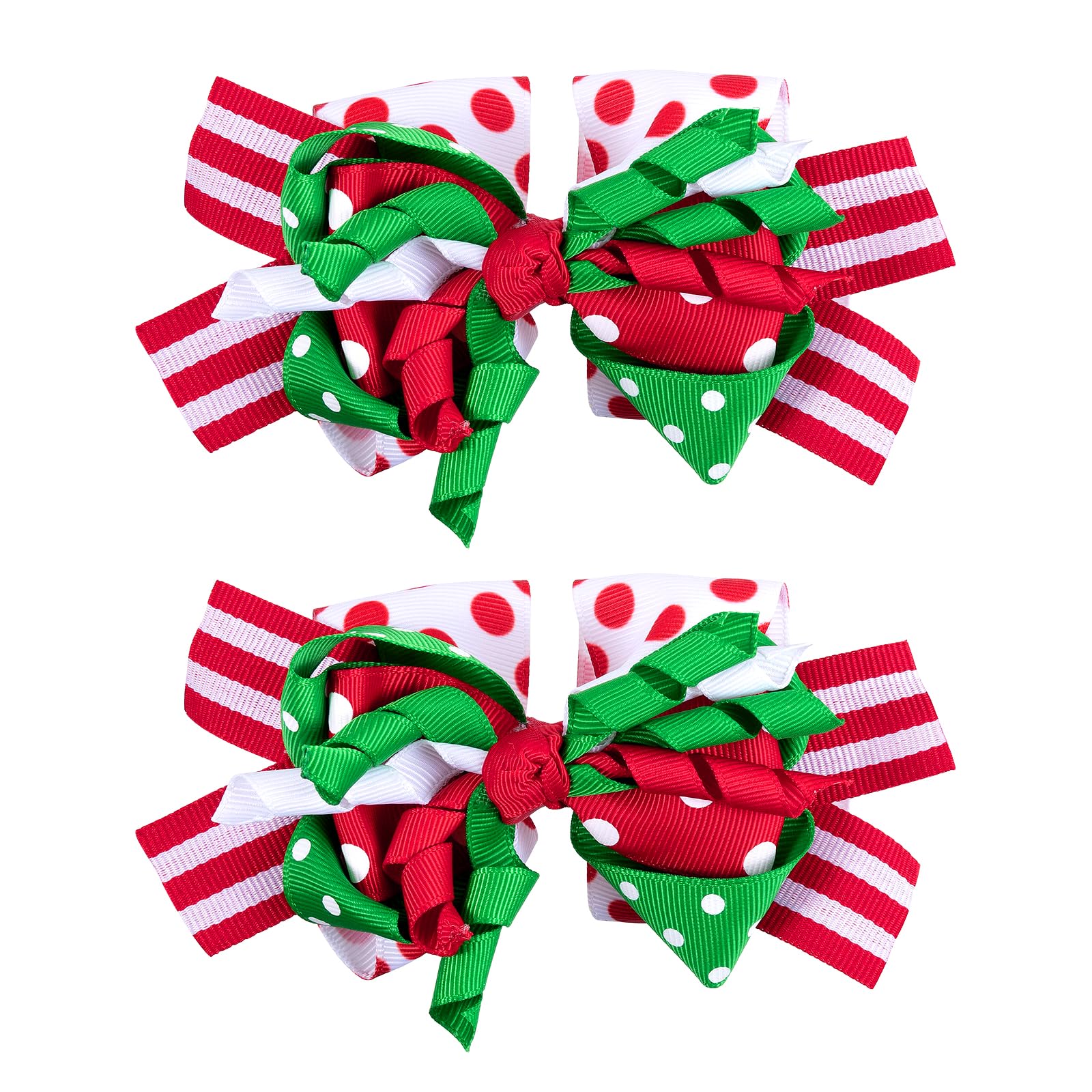 Christmas Curly Bow Hair Clips 5'' Red White Green Ribbon Striped Cheer Bow Barrette Holiday Polka Dot Alligator Pins Toddler Gi