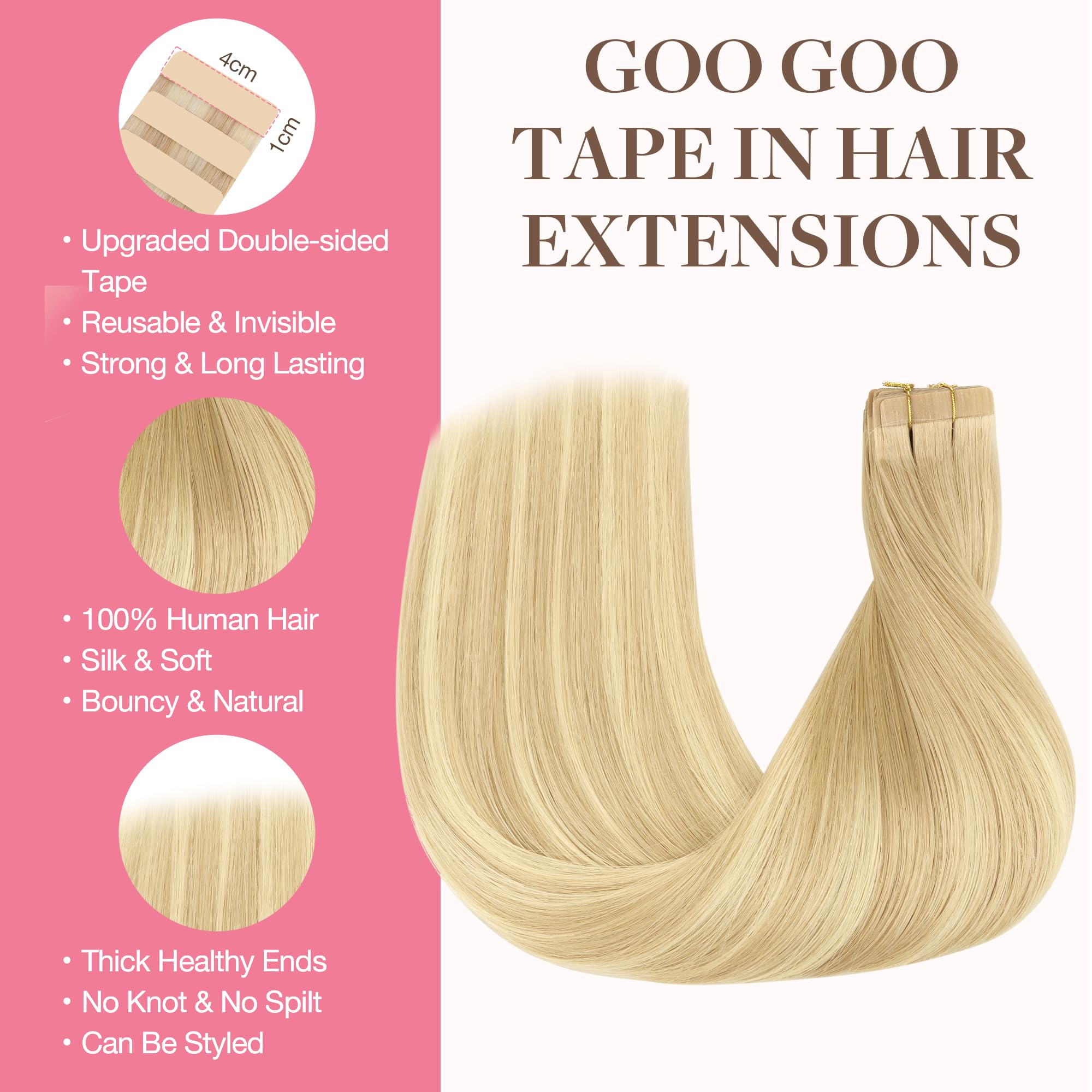 Goo Goo Tape In Hair Extensions Human Hair, 18At60A Pearl Ash Blonde Highlights, 12Inch 80G 40Pcs, Thick Ends Straight Seamless