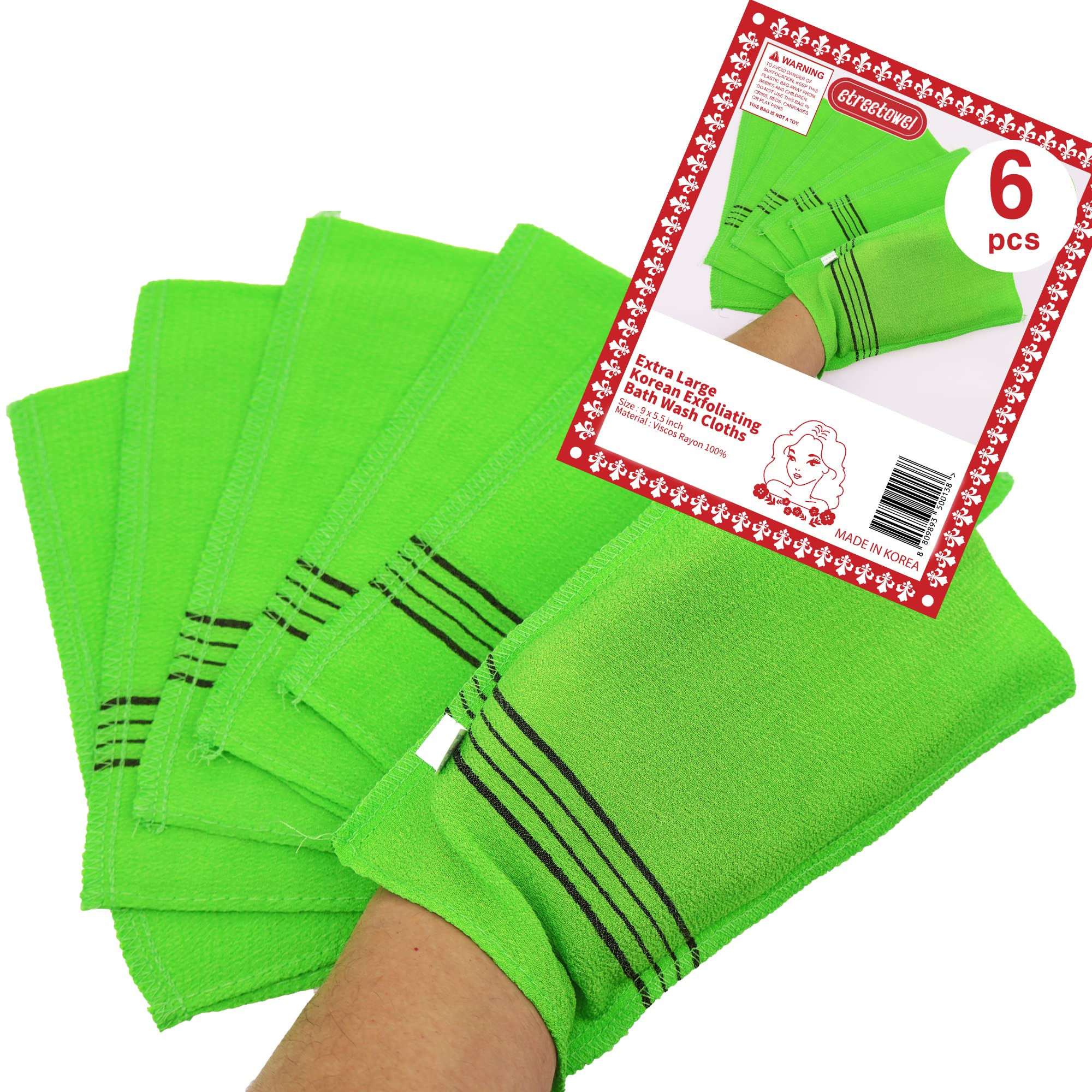 Etreetowel Extra Large Size 9.9'' X 5.5'' (6 Pcs) Korean Asian Exfoliating Bath Washcloths Mitt Scrub For Body Washcloth Glove V