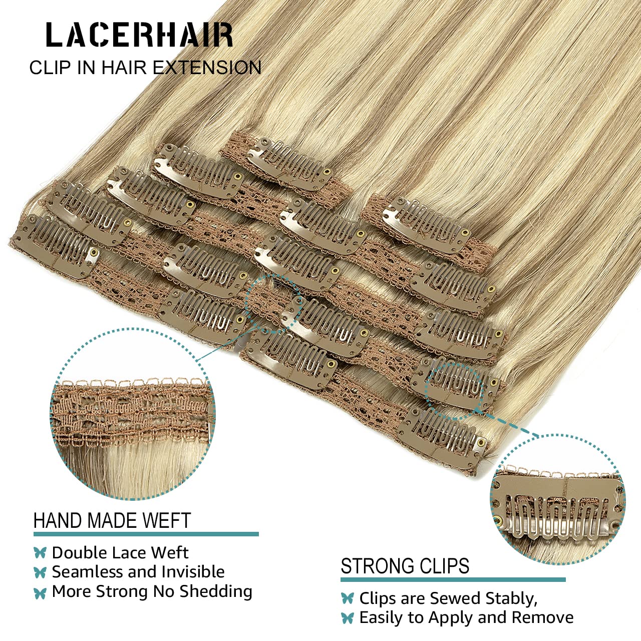 Lacer Hair Clip In Hair Extensions Real Human Natural Hair Light Brown Highlighted Platinum Blonde Color Fine Remy Hair Clip On