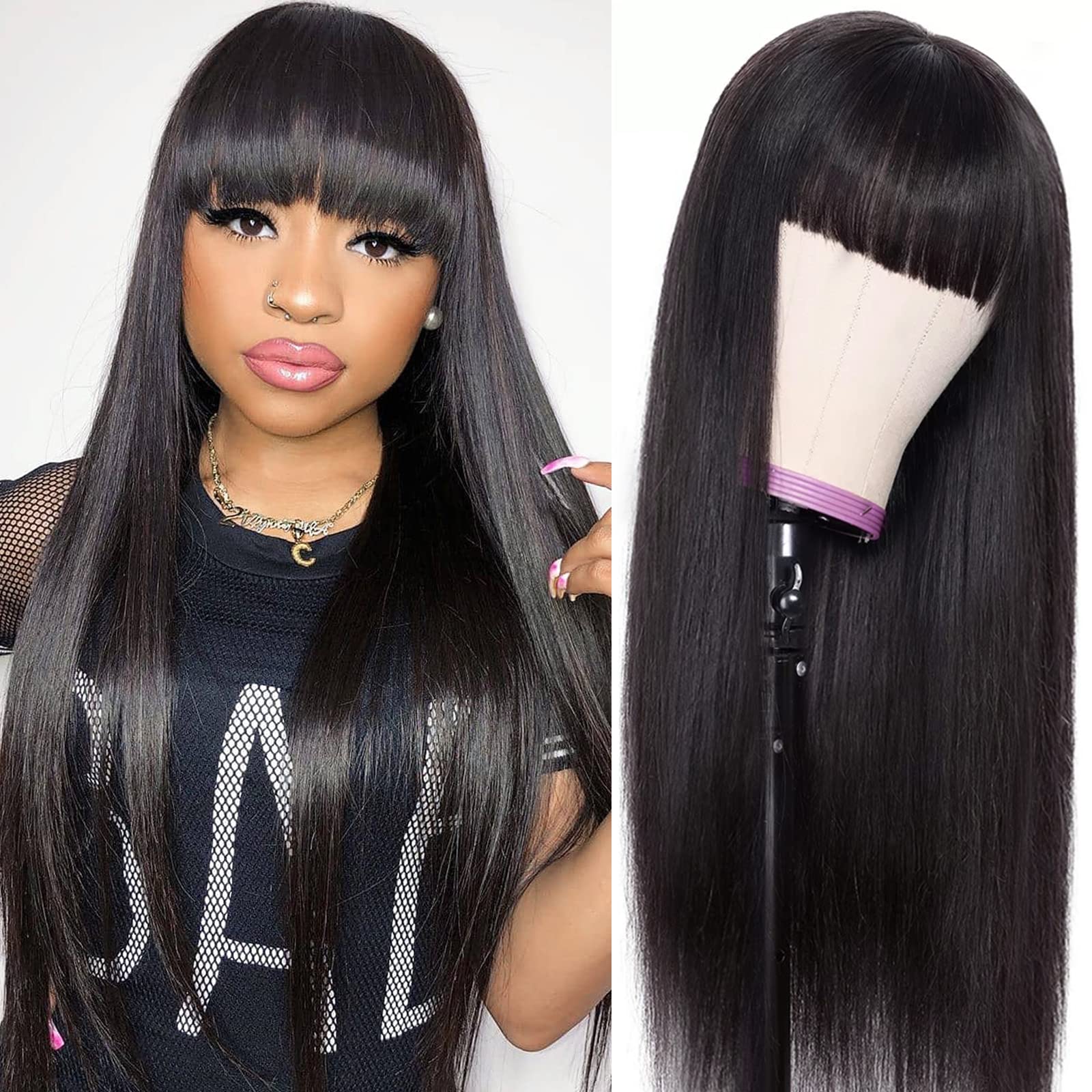 Human Hair Wigs with Bangs Straight Bang Wigs for Black Women Human Hair 150% Density Brazilian Glueless None Lace Front Wig Hum