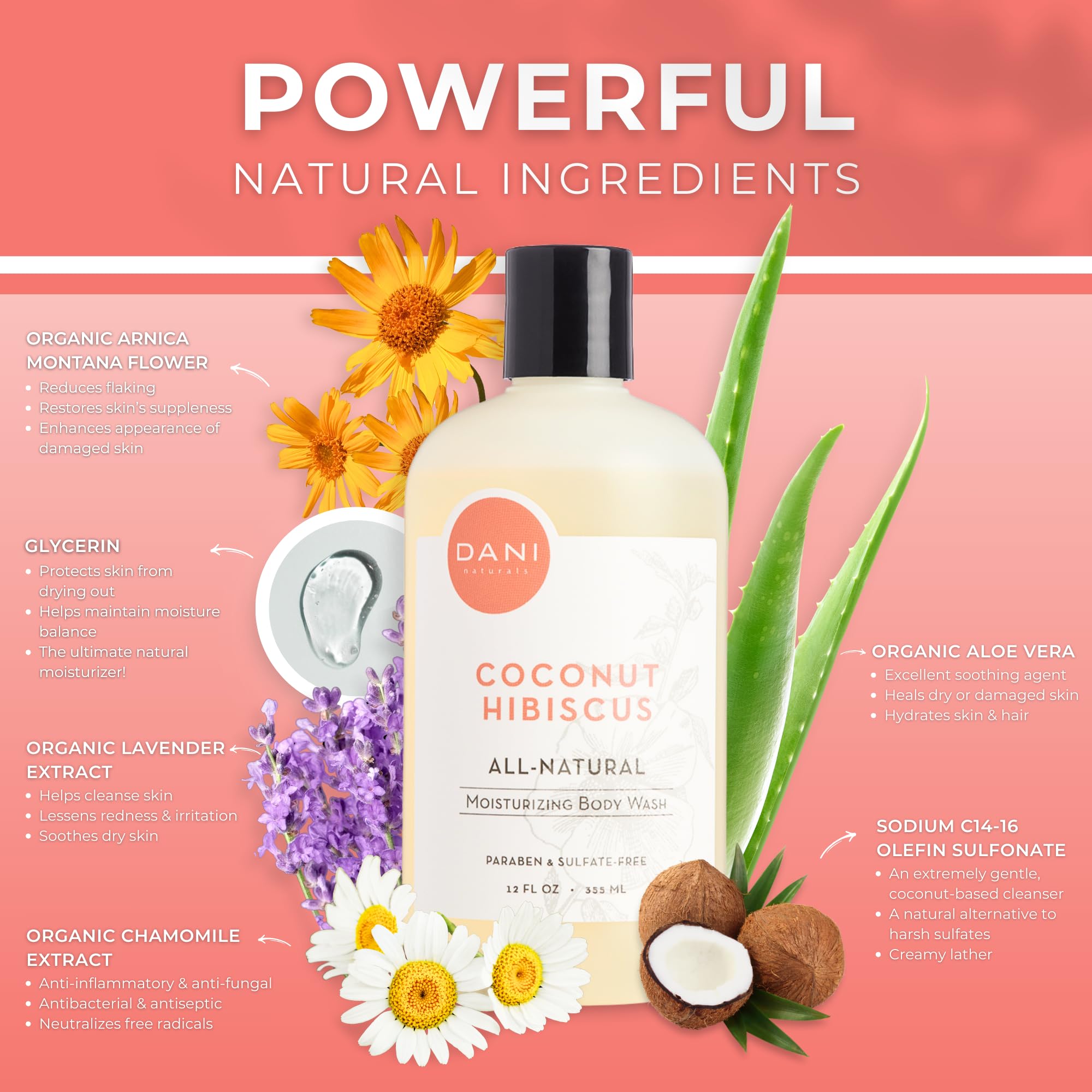 Dani Moisturizing Body Wash Naturals - Tropical Coconut Hibiscus Scented - Organic Aloe Vera & Natural Glycerin - Paraben & Sulf