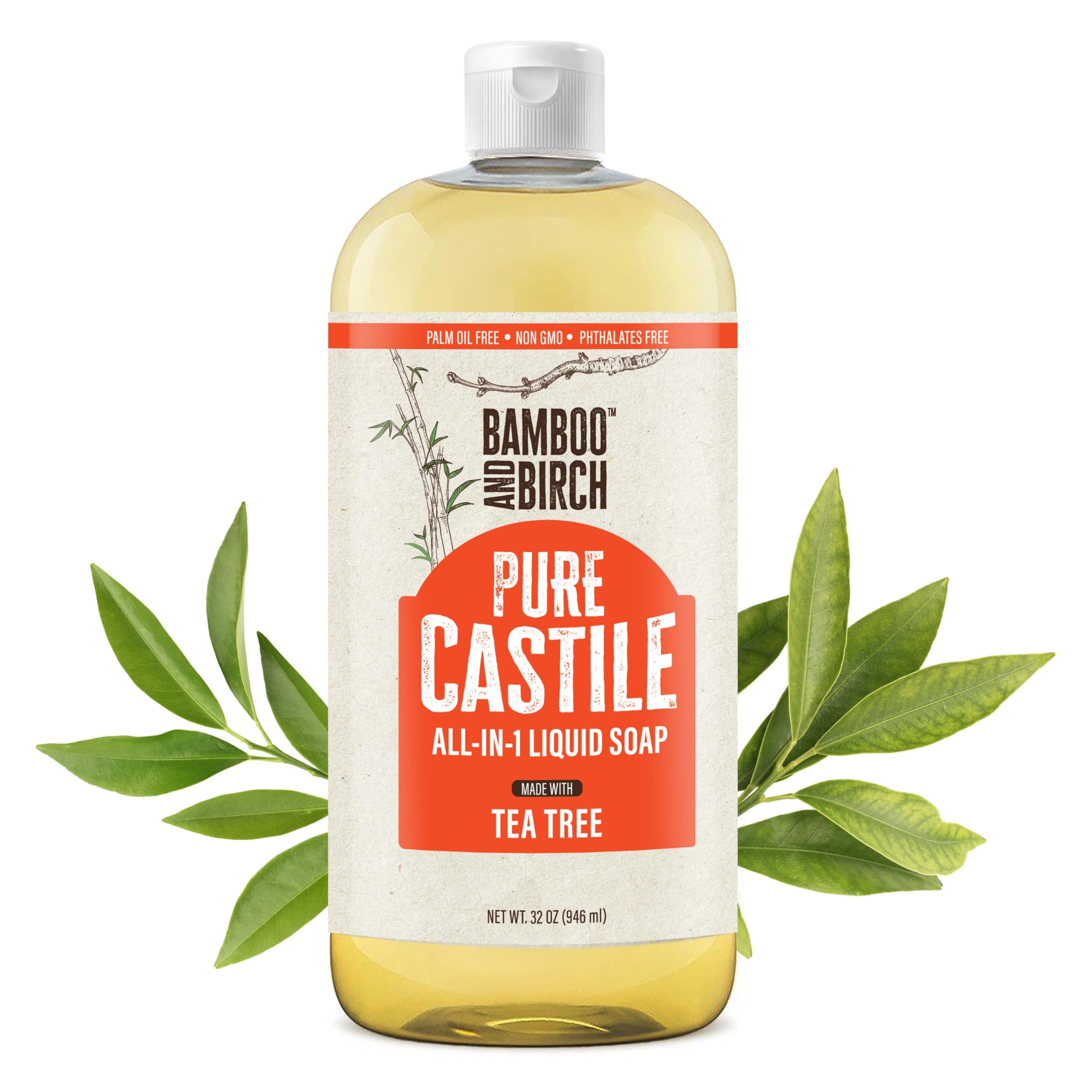 BAMBOO AND BIRCH Pure Castile Soap Liquid Organic, Certified Palm Oil Free Natural Soap, Tea Tree, 32 oz