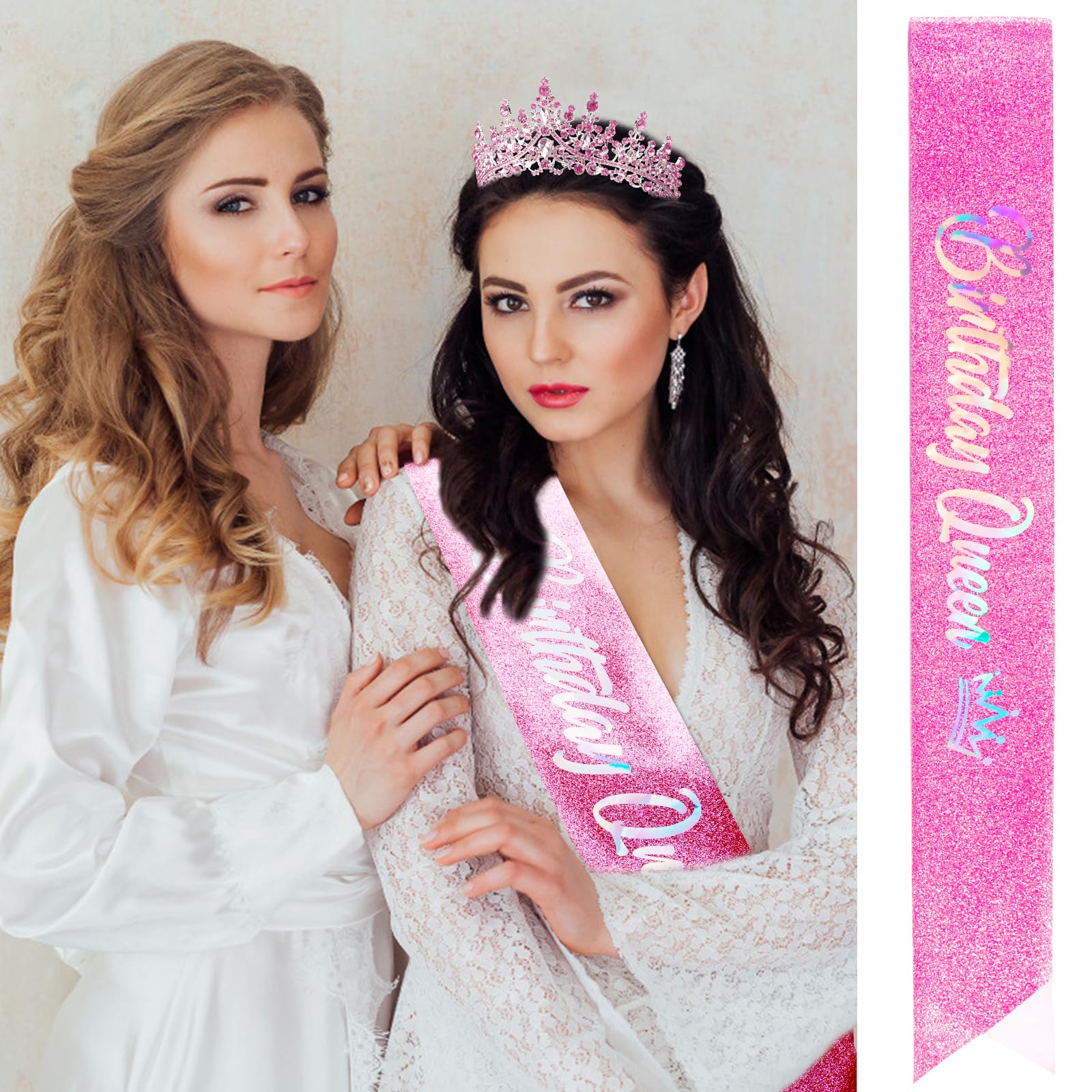 Velscrun Birthday Queen Tiara Crowns For Women Girls Pink Crystal Birthday Queen Headband Sash Elegant Princess Crown Happy Birt