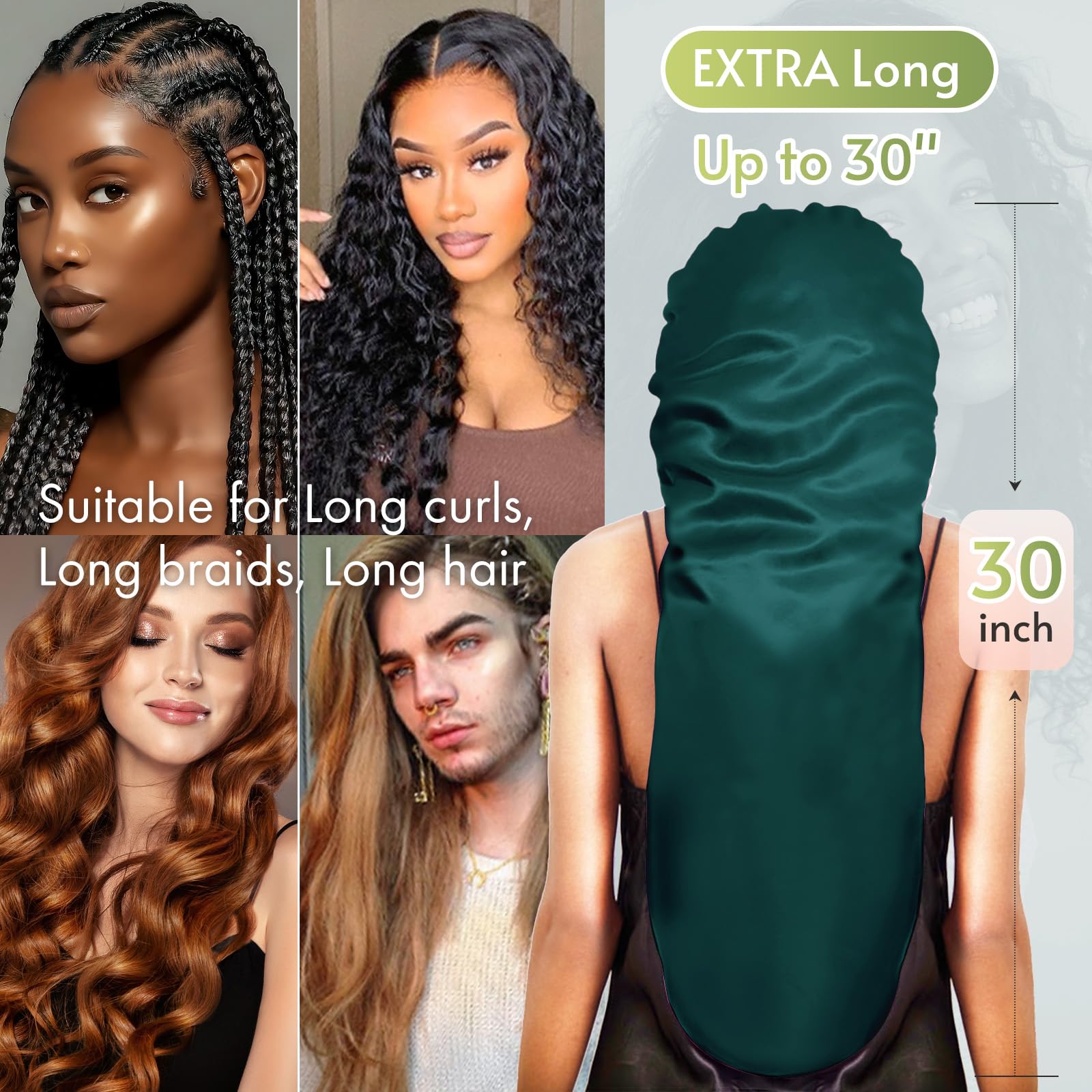 BONNET QUEEN Bonnet for Braids Silk Bonnet Extra Long Satin Bonnet for Sleeping Hair Bonnet for Locs with Tie Band Darkish Green