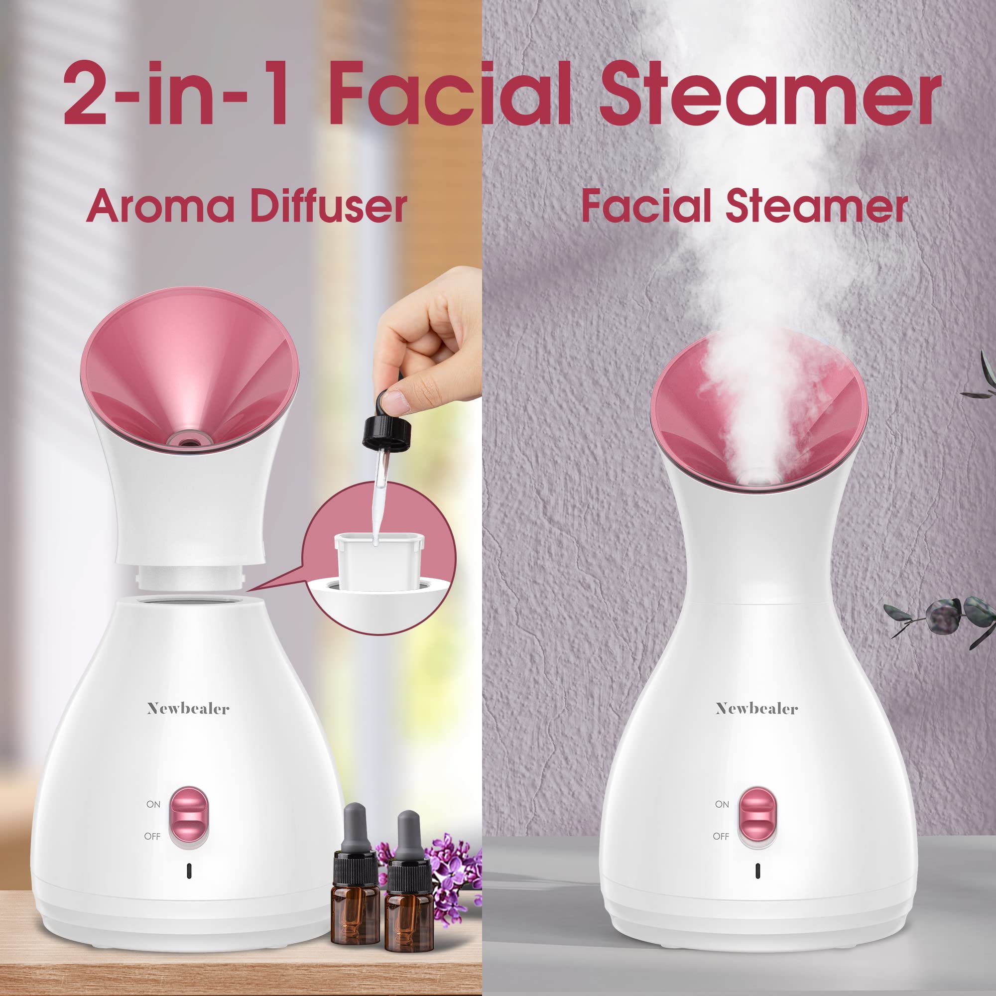Newbealer 2in1 Facial Steamer, Hot Mist Facial Aromatherapy Humidifier Atomizer, Large Face Steamer Unclogs Pores Sinuses Moistu