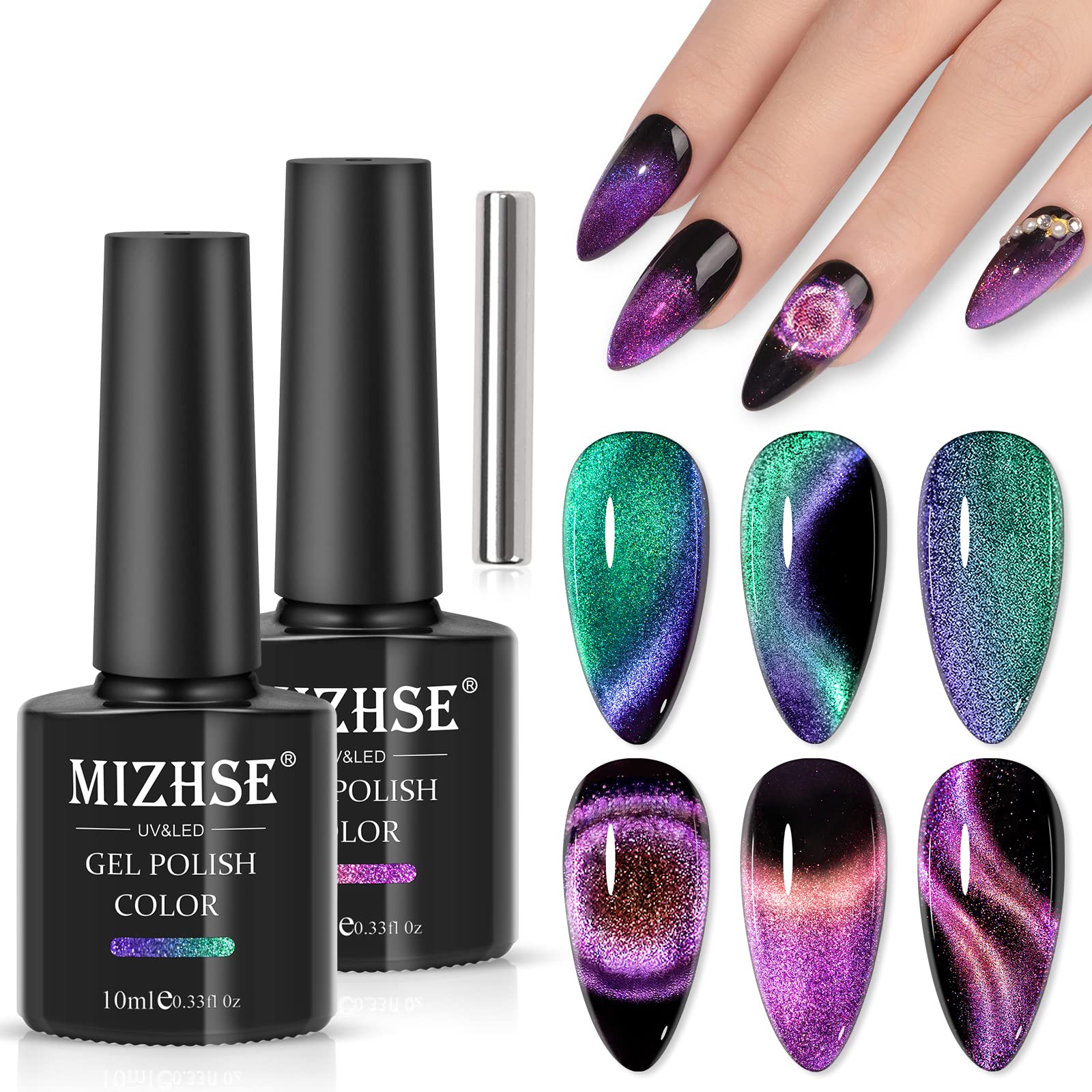 Mizhse 9D Cat Eye Gel Nail Polish, 2 Colors Cyan And Purple Holographic Galaxy Cateye Magnetic Nail Polish Gel, Magic Cateye Man