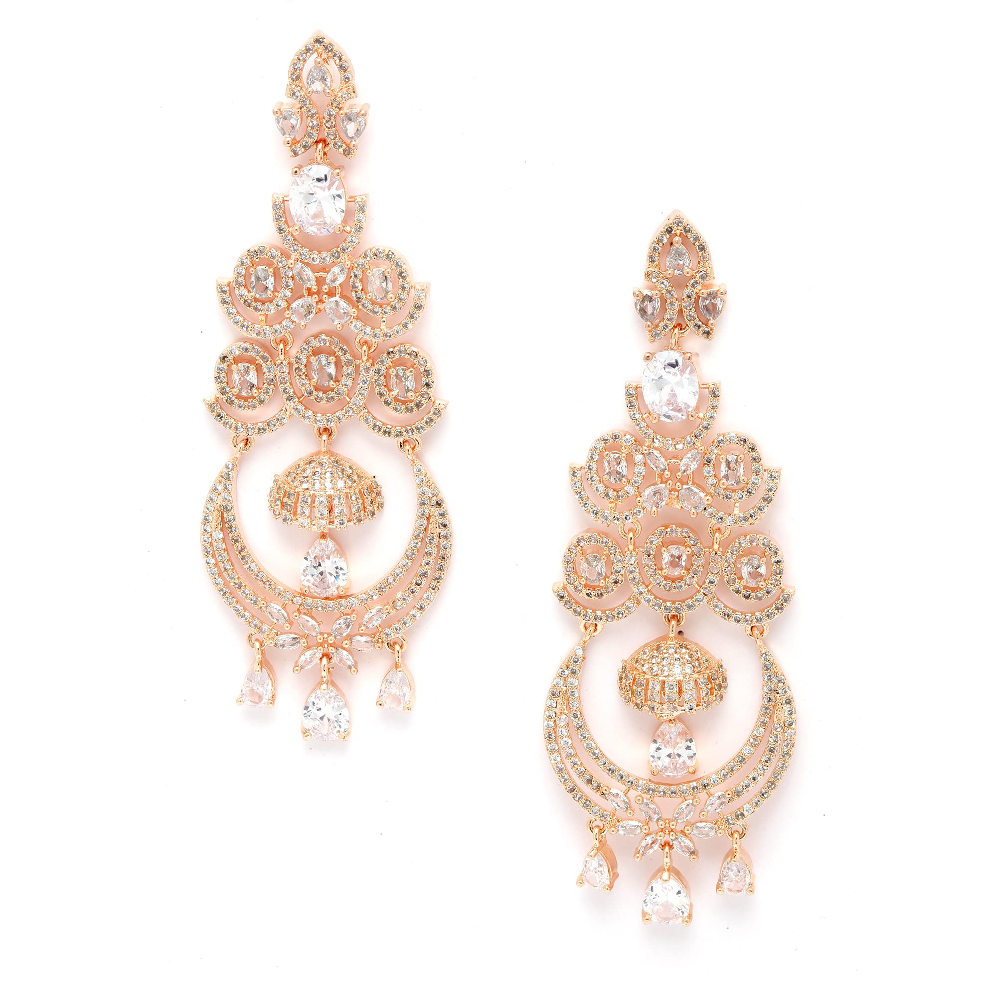 Zeneme Floral Shaped American Diamond Dangle Chandelier Earring For Women And Girls (White RoseGold)