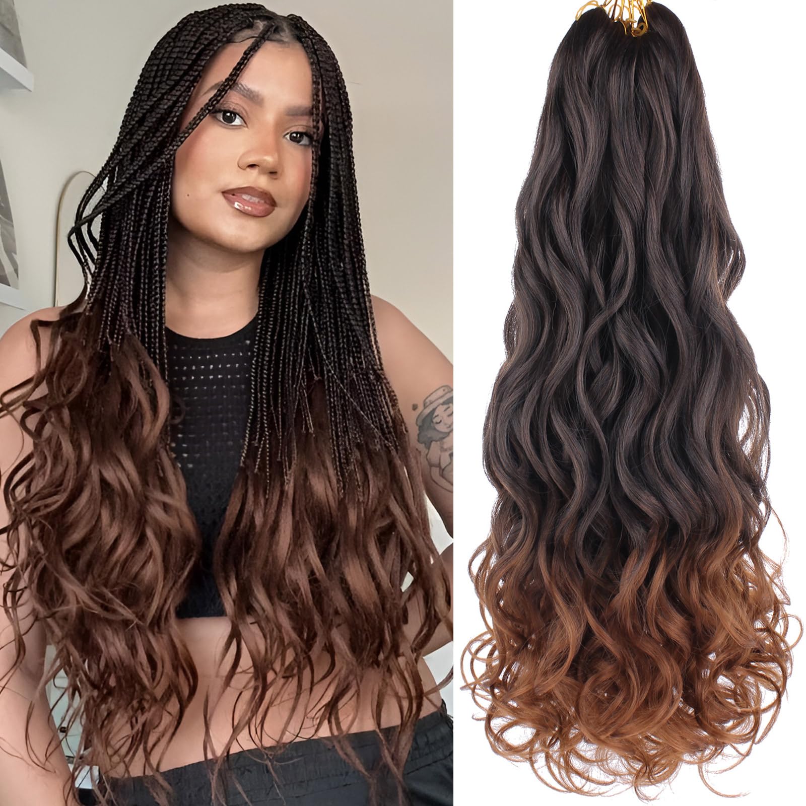 COOKOO 9 Pack Pre Stretched French Curls Braiding Hair 22 Inch 75g/Pack Ombre Brown Goddess Crochet Hair Loose Wavy Crochet Brai