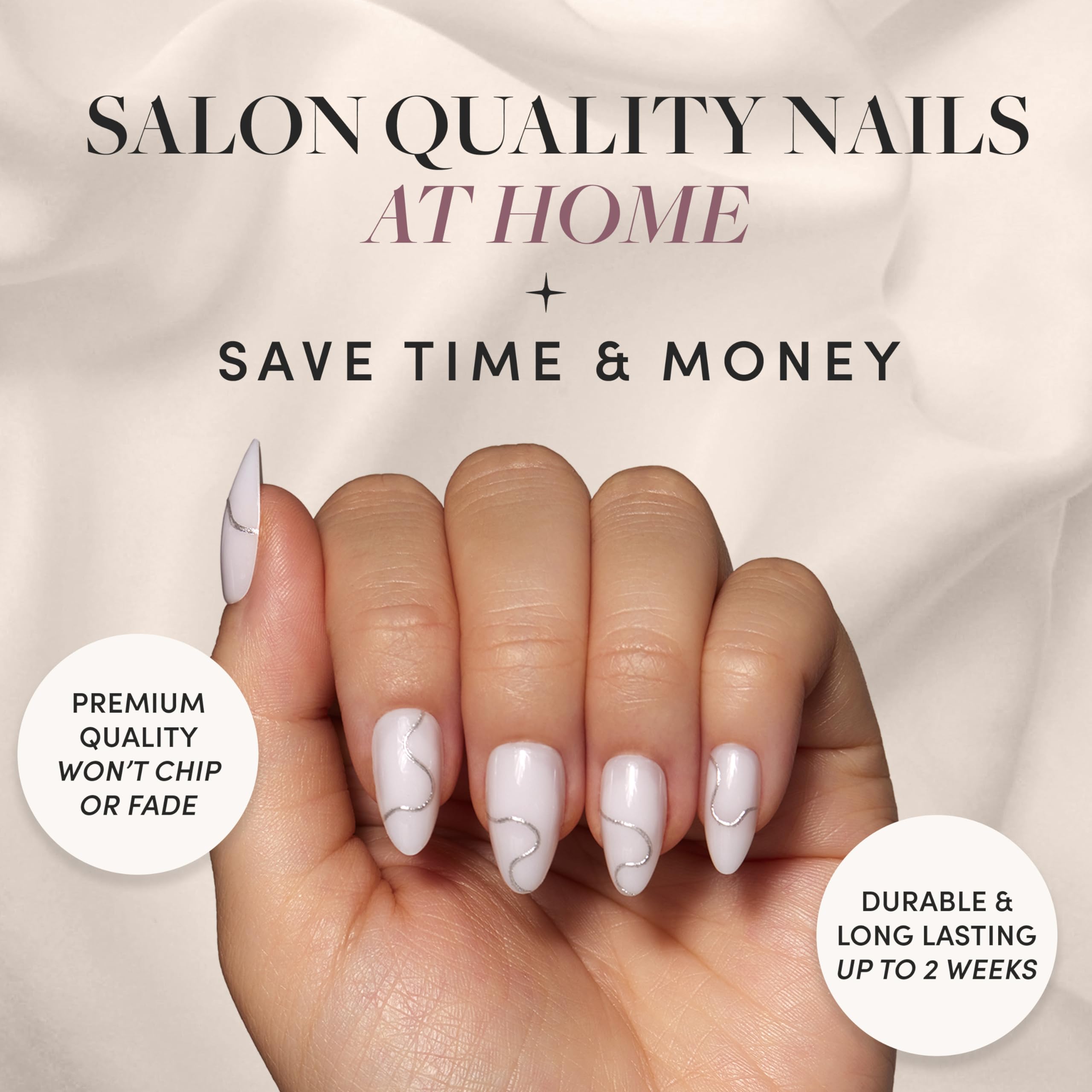 Glamnetic Press On Nails - Silent Night | Short Almond White Nails With 3D Silver Foil In A Glossy Finish | 15 Sizes - 30 Nail K