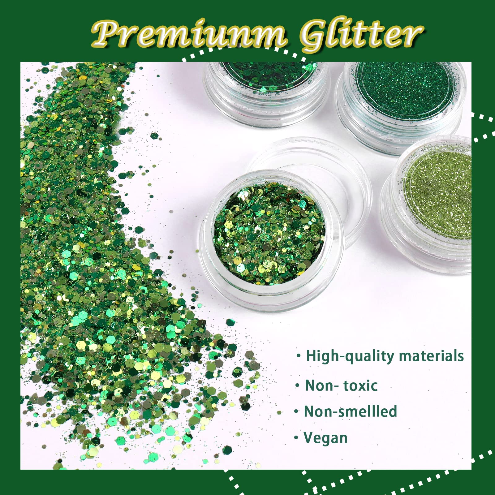 Allstarry Nail Glitter 4 Colors Shamrock Green Holographic Glitter Iridescent Chunky Nail Flakes Hexagon Face Sequins Sparkly Fi