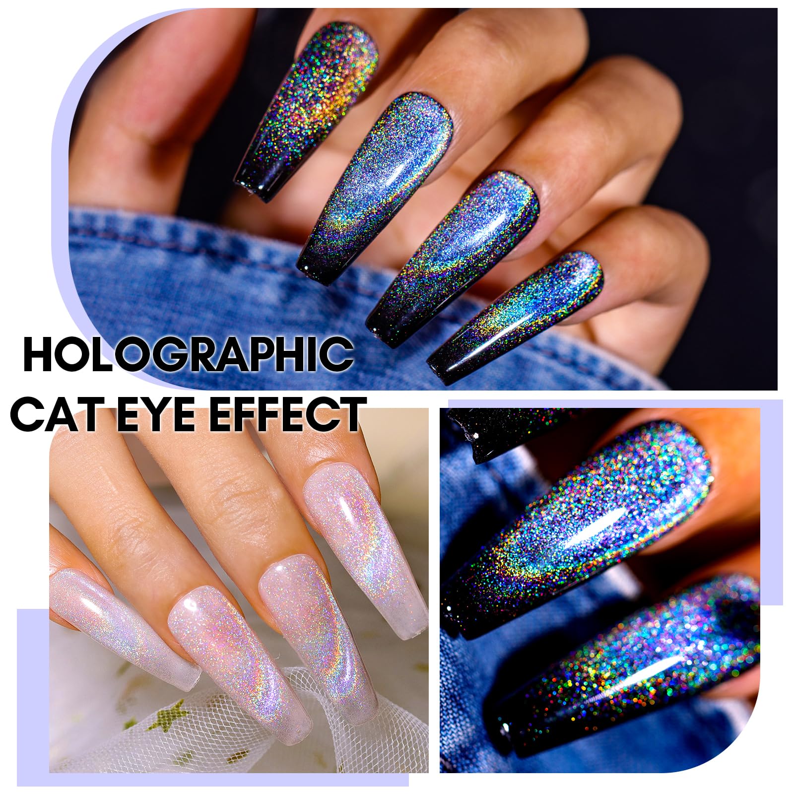 Makartt Gel Nail Polish, Universal Rainbow Cat Eye Gel Nail Polish 10Ml Holographic 9D Sparkly Hole Cat Eye Glitter Spring Gel P