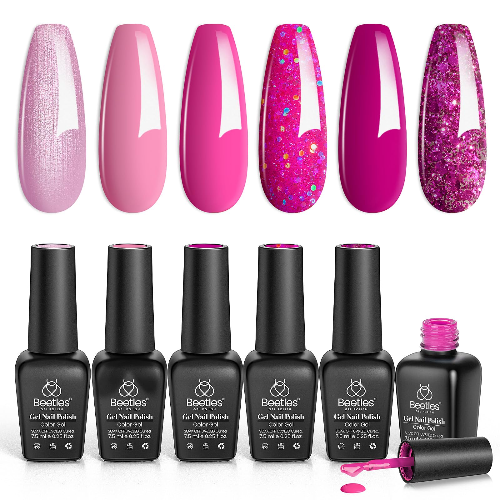 Beetles Pink Gel Nail Polish Set, 6 Colors Hot Pink Glitter Sparkle Light Pink Nail Polish Kit Snowflake Gift Set For Girls Soak