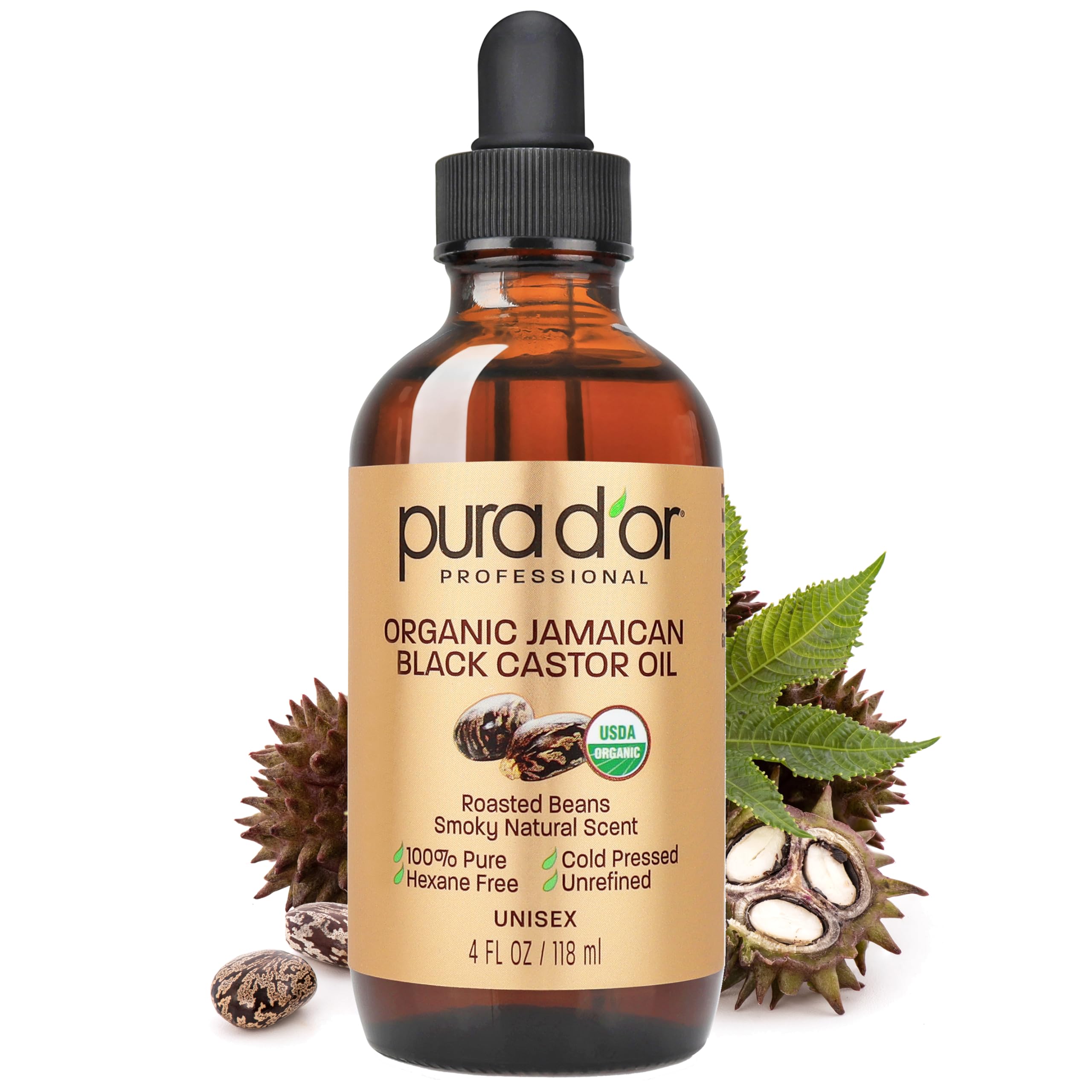 PURA D'OR 4 Oz ORGANIC Jamaican Black Castor Oil - Natural Smoky Scent - 100% Pure USDA Certified Cold Pressed, Hexane Free Eyel