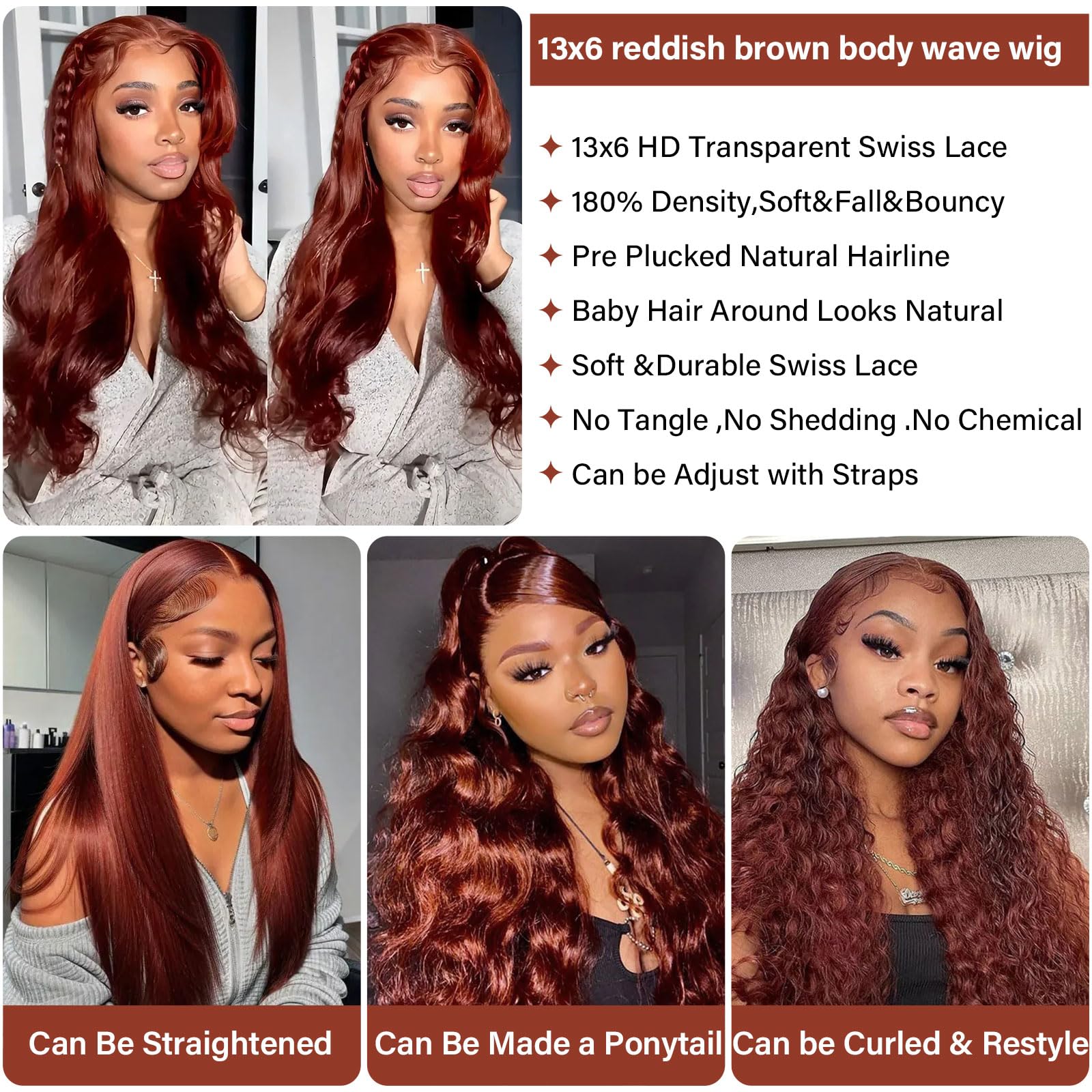Aicrelery 30 Inch Reddish Brown Wig Human Hair Lace Front Wigs Human Hair Pre Plucked 13X6 Body Wave Frontal Wigs Human Hair Aub