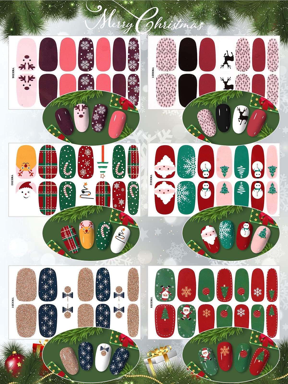 12 Sheets Christmas Full Nail Wraps, Ebanku Adhesive Nail Art Polish Stickers Santa Claus Penguin Snowman Design Nail Art Decals