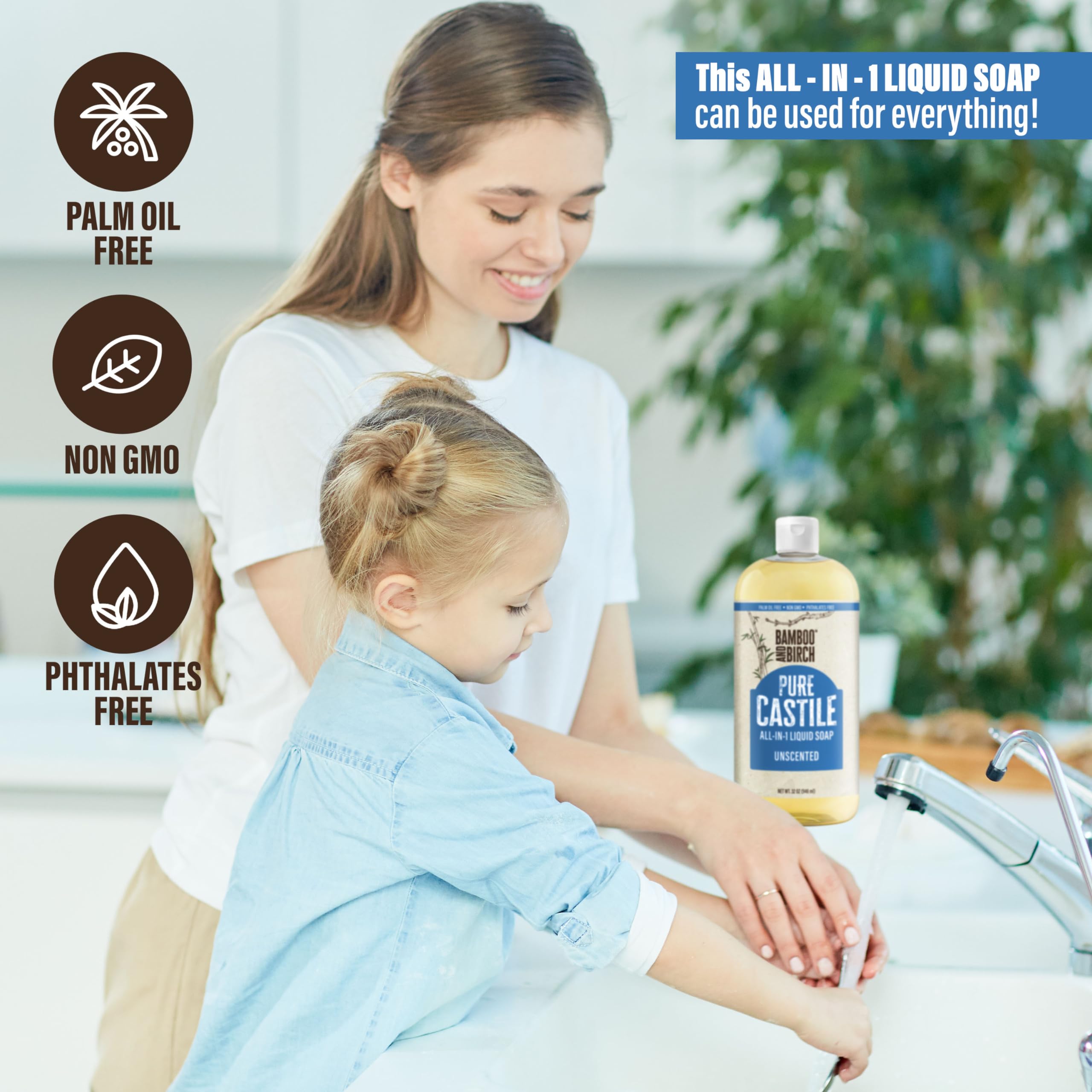 Bamboo And Birch Pure Castile Soap Liquid Organic, Certified Palm Oil Free Natural Soap, Unscented, 32 Oz